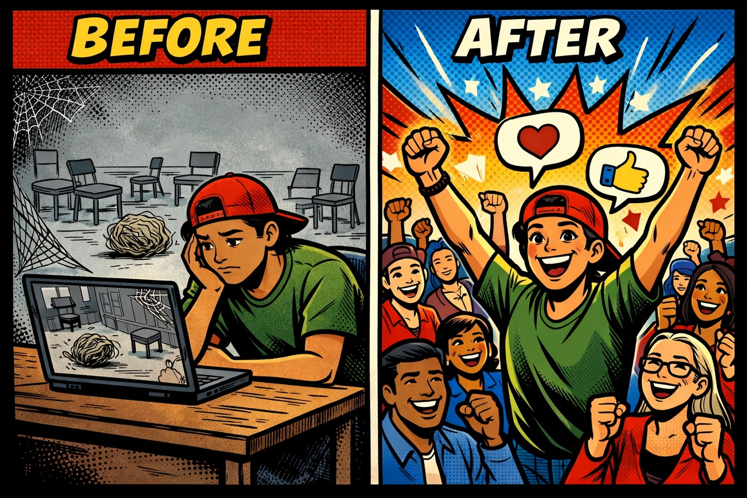 Before and after comparison of GoHighLevel membership community growth from empty to thriving