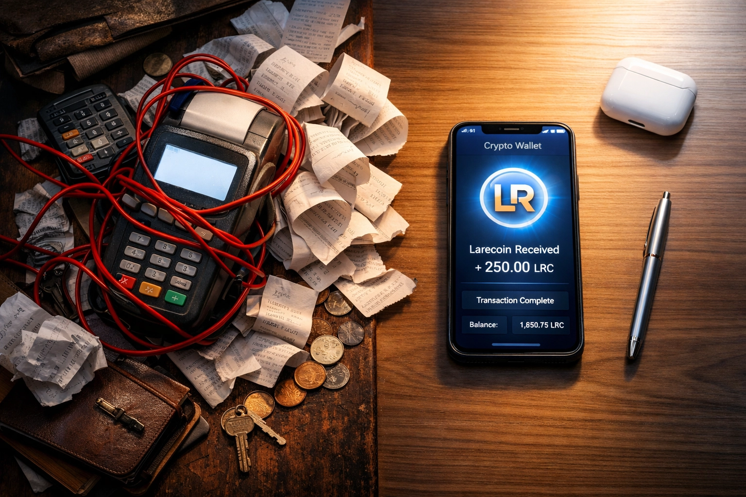 Traditional credit card terminal with receipts contrasted with clean crypto wallet showing lower merchant fees