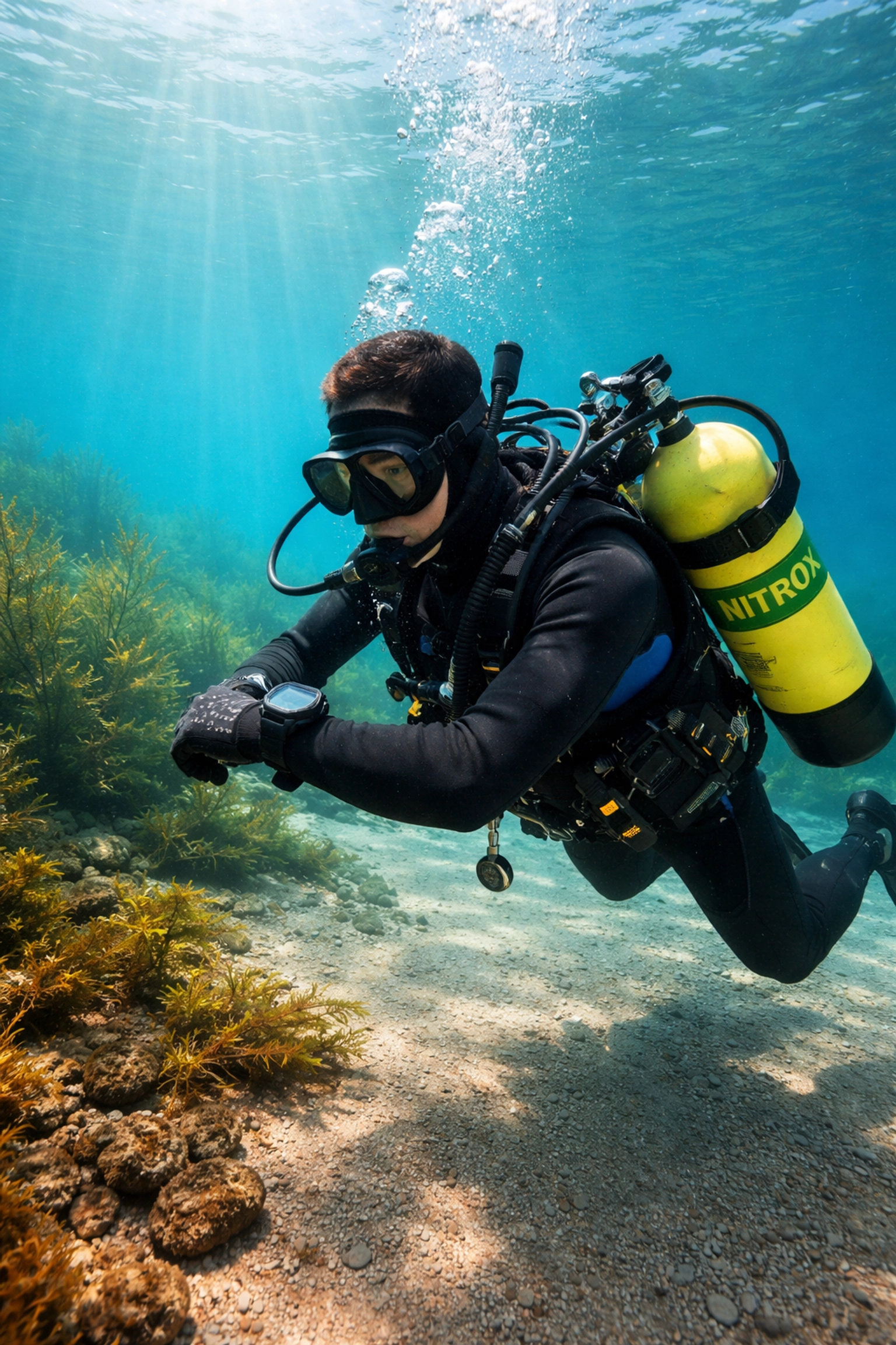 Unterwasserfoto: Taucher mit Nitrox-Flasche und Tauchcomputer am Grund des Goitzschesees bei idealen Bedingungen