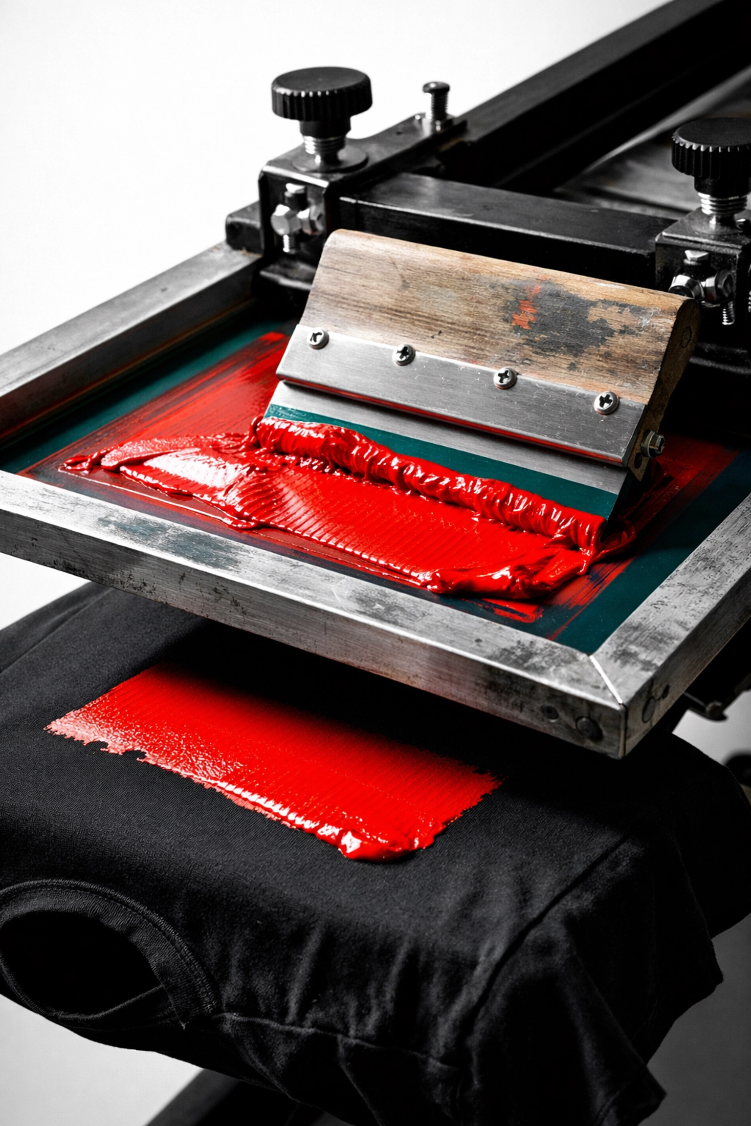 Silk screen printing process showing ink transfer onto custom t-shirt