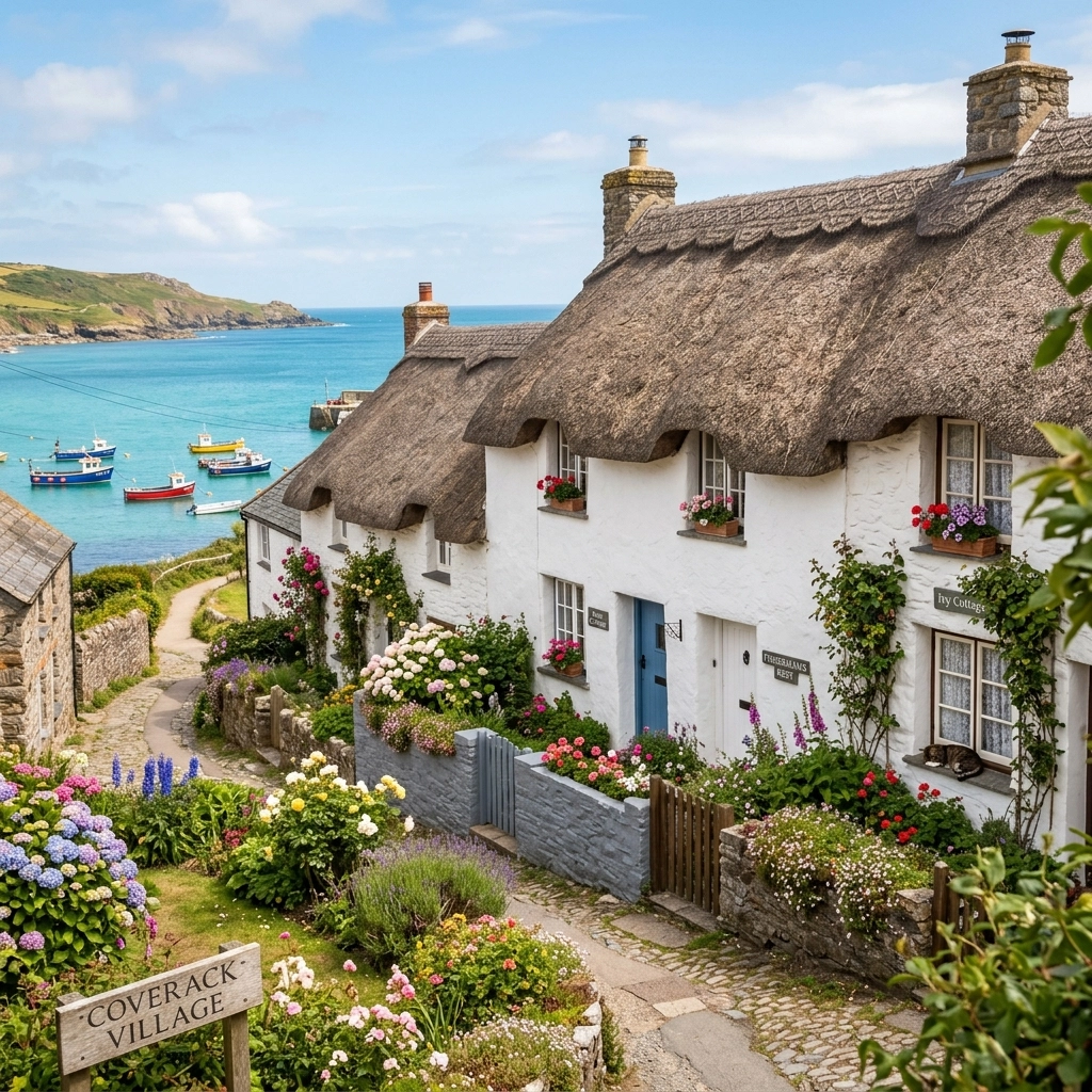 A picturesque row of white-washed Cornish thatched cottages in the village of Coverack