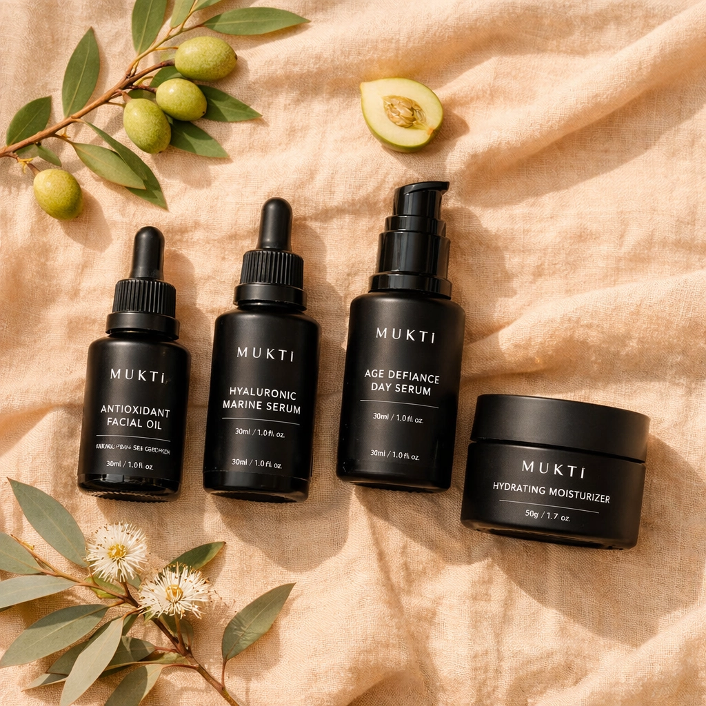 MUKTI Organics skincare products with native Australian botanicals at Allure Beauty Clinic