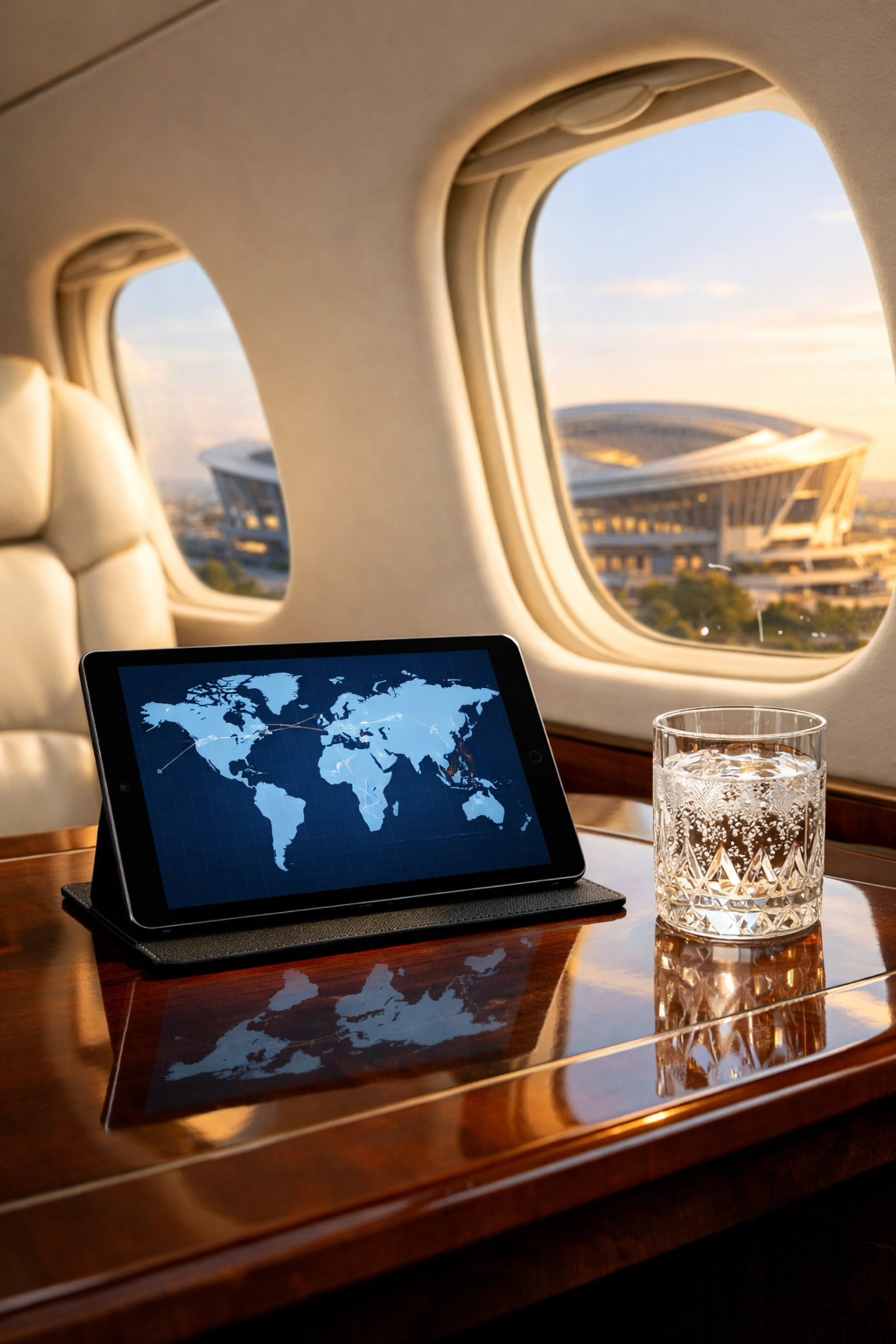 Luxury private jet cabin with view of a sports stadium representing elite Super Bowl executive travel logistics.