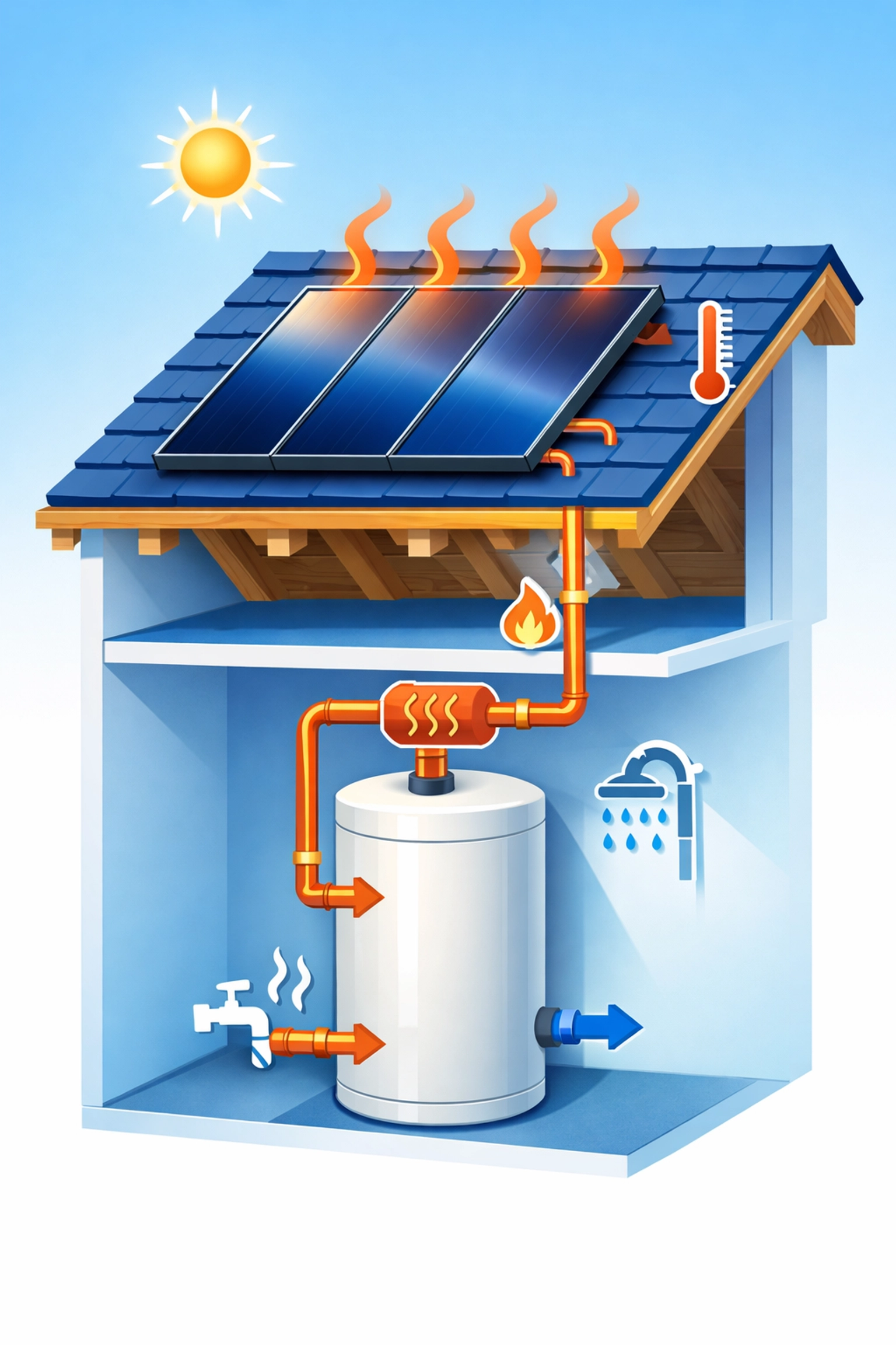 Water solar panels on roof transferring heat to hot water tank inside home