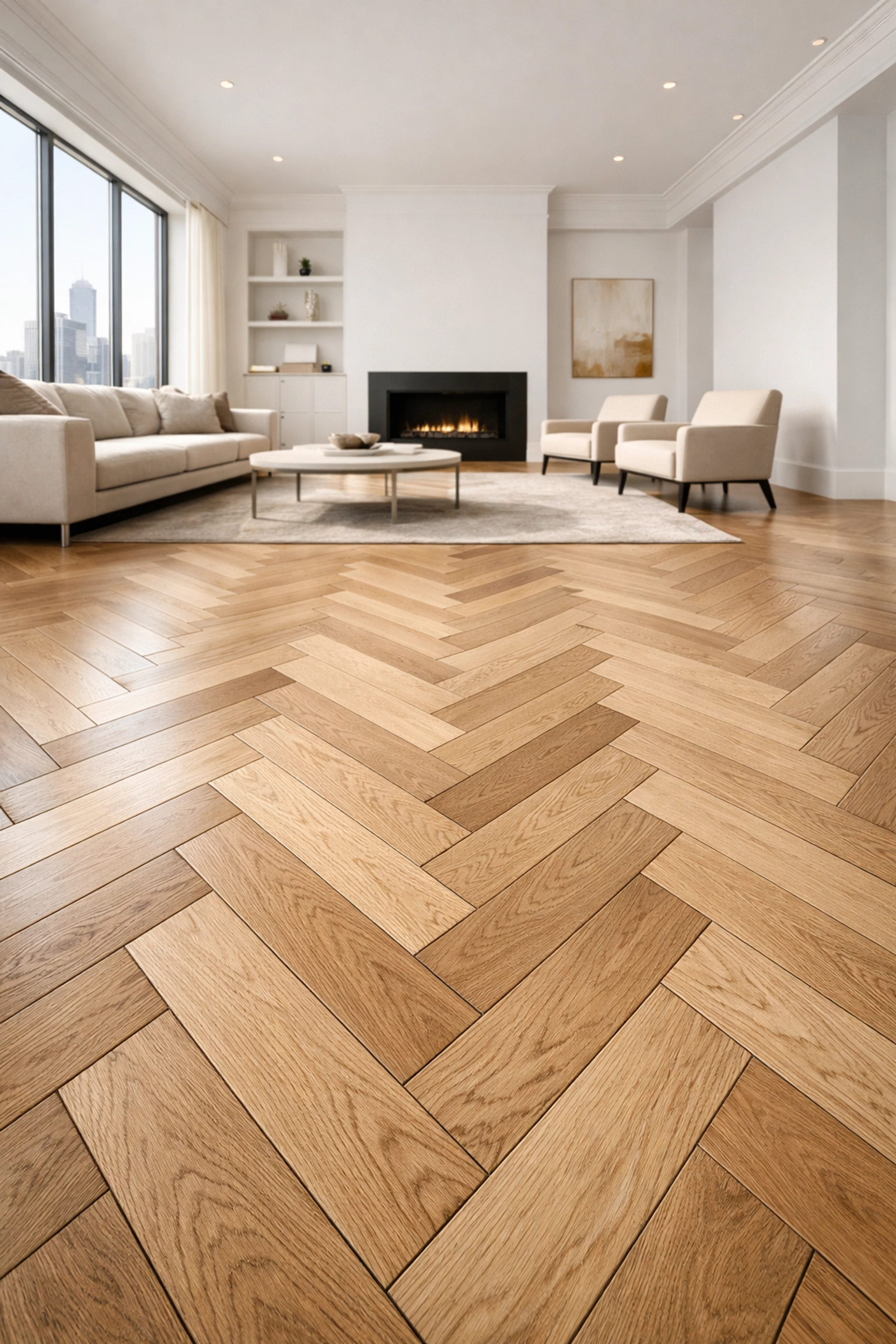 Modern Chicago living room featuring high-end white oak herringbone hardwood floor design with a satin finish.