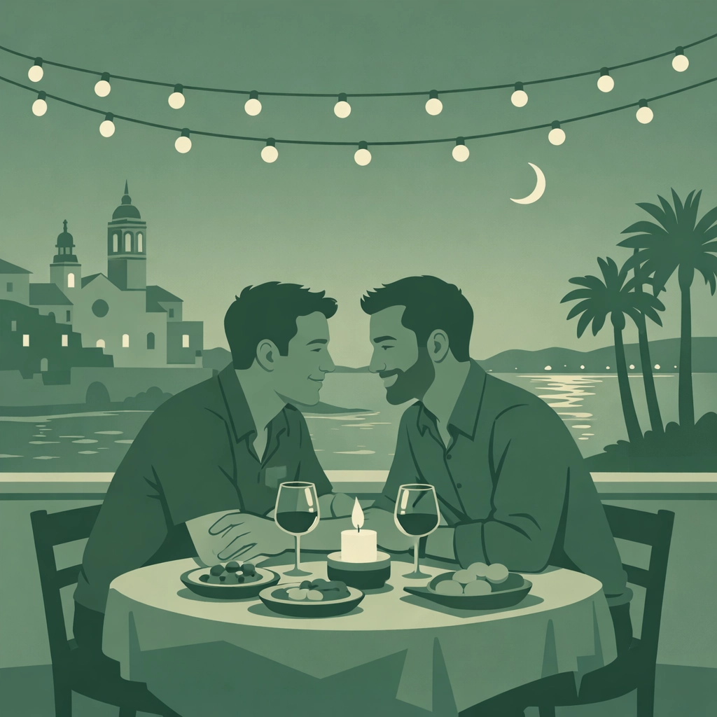 Gay couple enjoying romantic dinner at Mediterranean seaside restaurant in Sitges