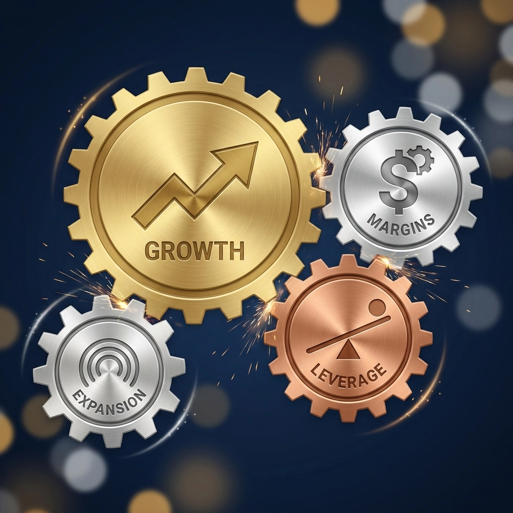 Four interlocking metallic gears depicting key private equity return drivers: growth, margins, leverage, and expansion.