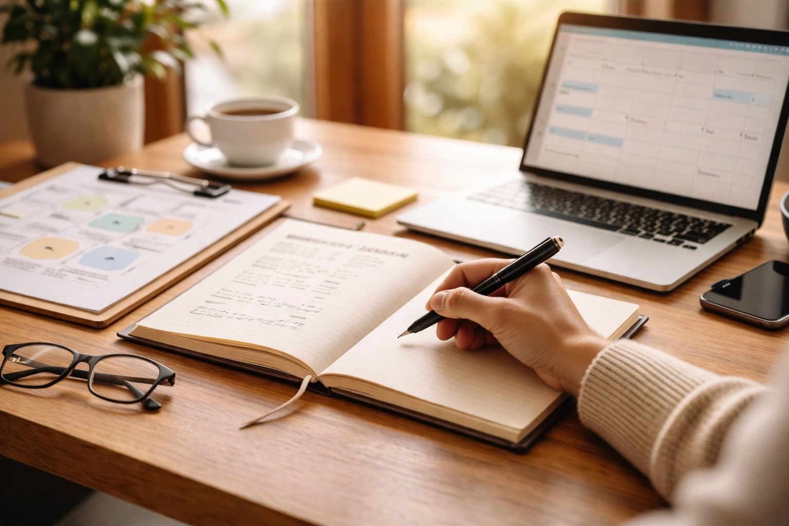 Leader doing strategic planning and coaching homework in a bright, sunlit workspace