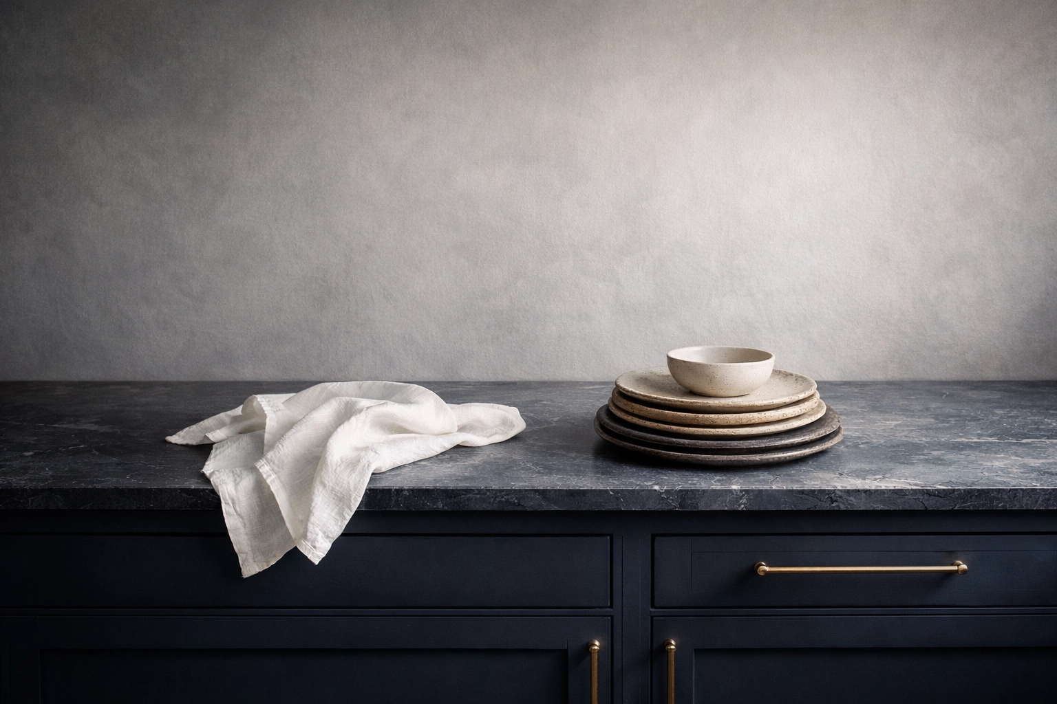 Statement midnight blue kitchen island with a luxury matte spray painted finish.