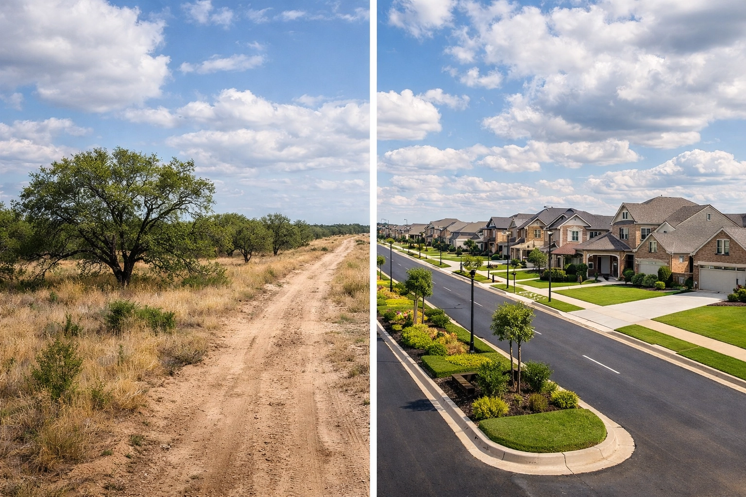 Before and after comparison of raw Texas land transformed into developed subdivision