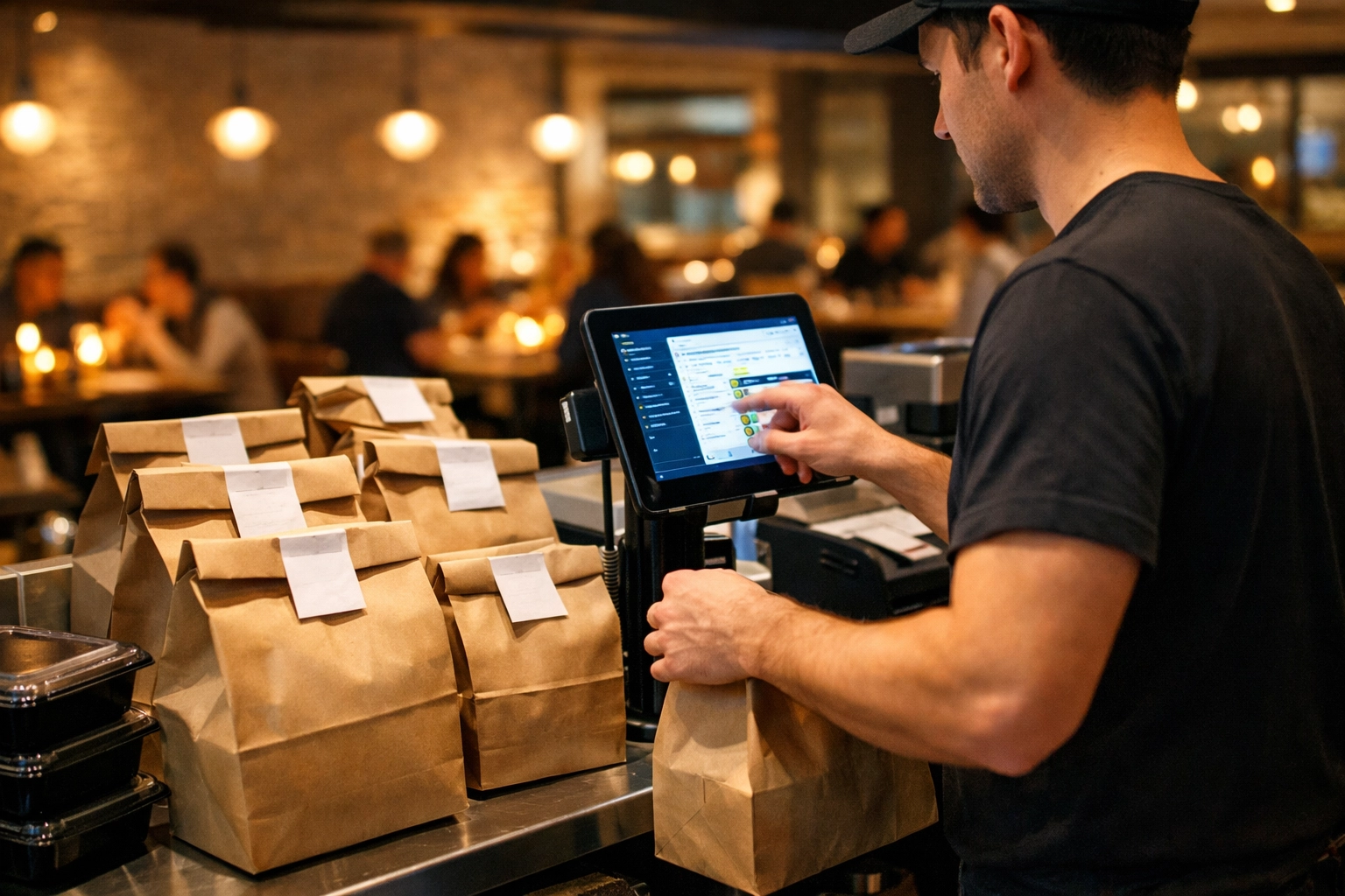 Restaurant staff managing takeout orders through an integrated technology framework for scale.