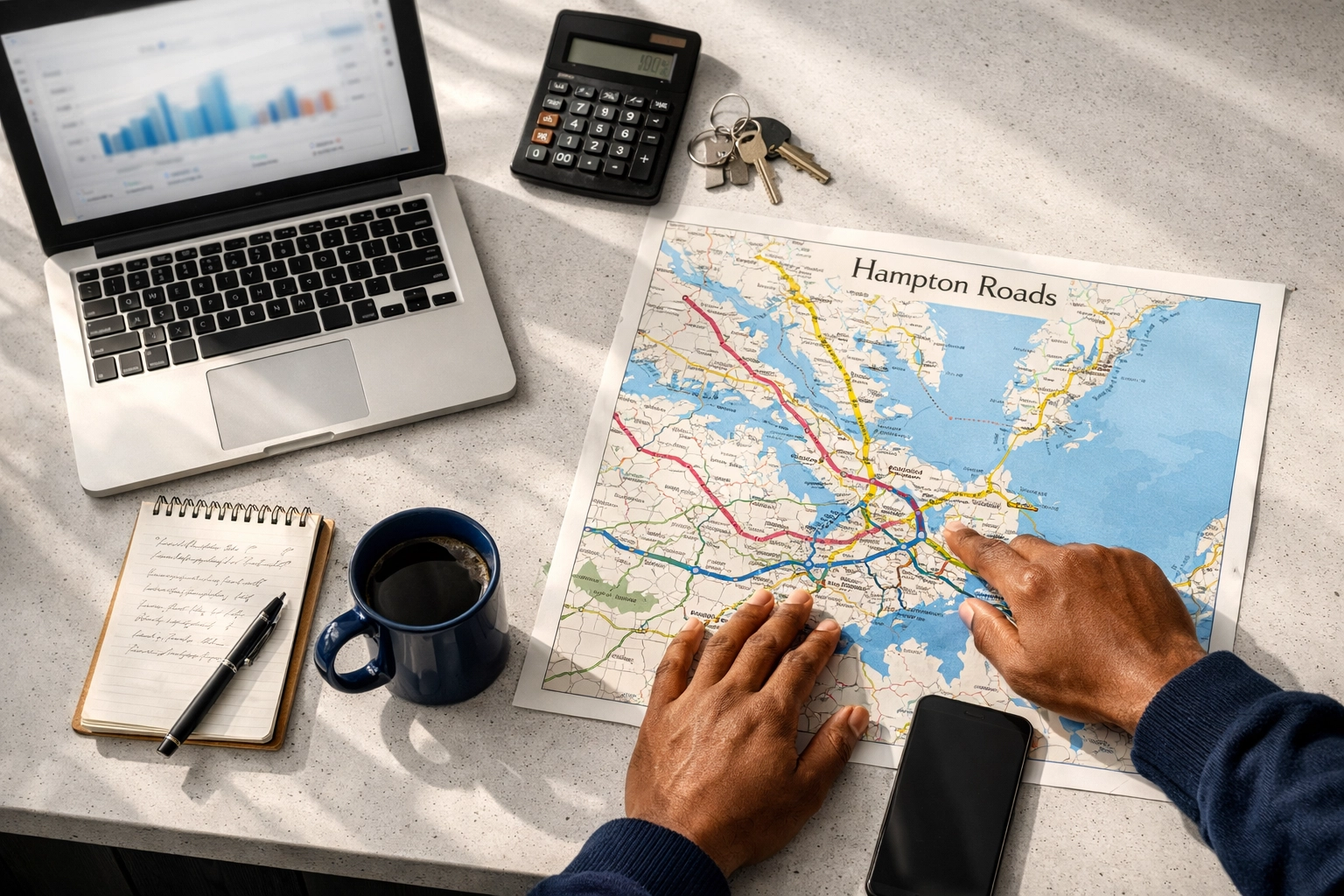 Real estate planning session showing a Hampton Roads neighborhood map and house keys for a strategic move.