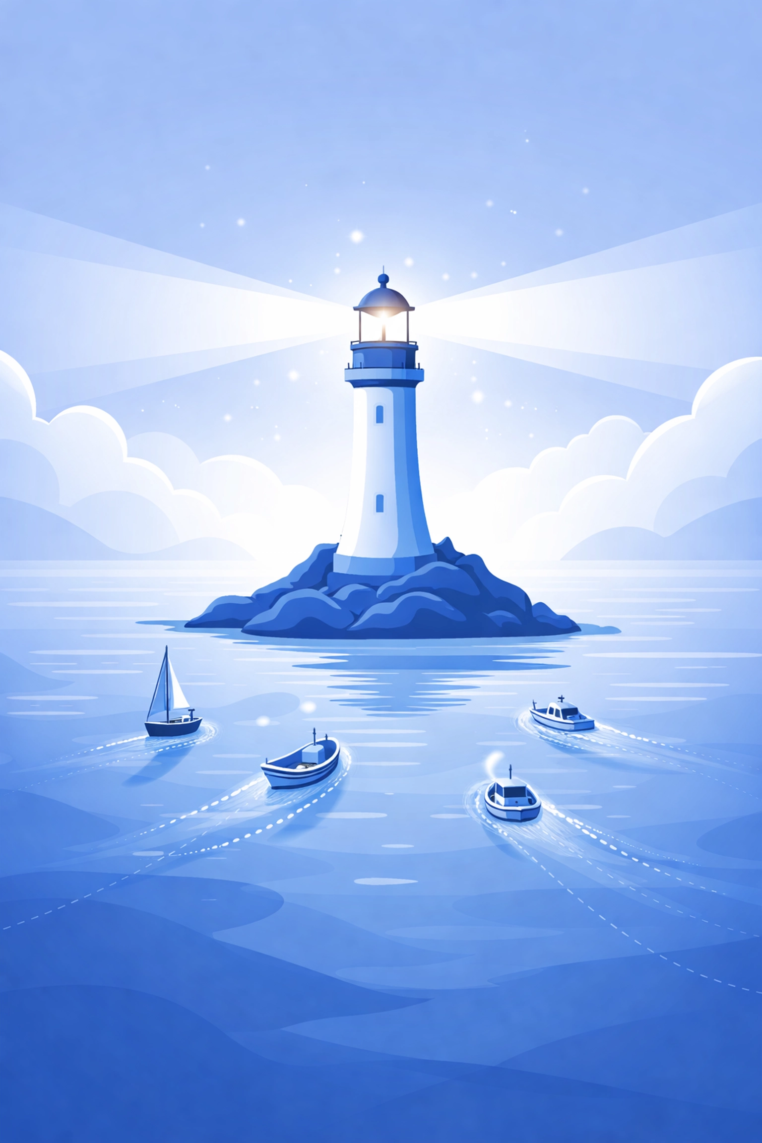 Vector illustration of a lighthouse guiding boats, symbolizing a trusted brand leading customers and building brand authority