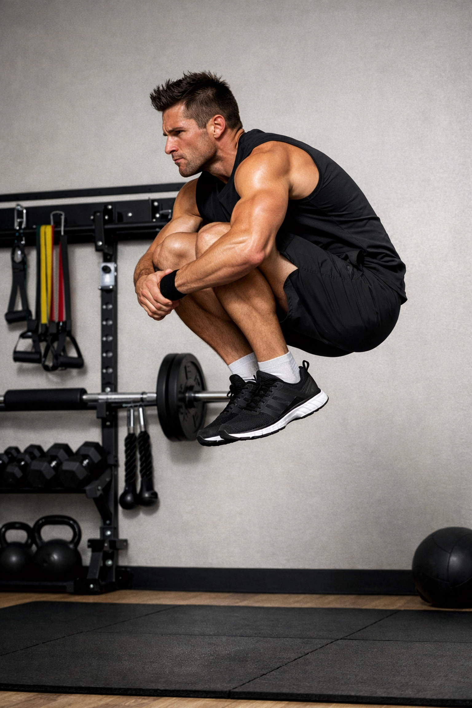 Athlete performing explosive tuck jumps as part of a high-intensity bodyweight training at home workout.