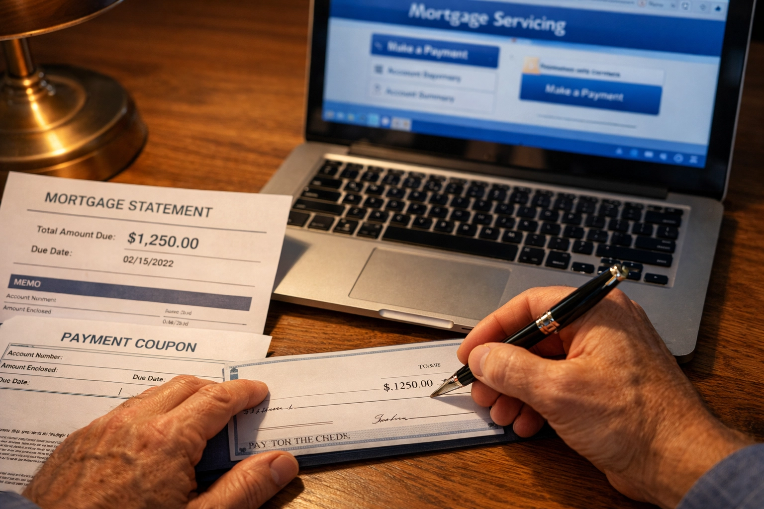 Homeowner writing mortgage payment check to lender to avoid foreclosure