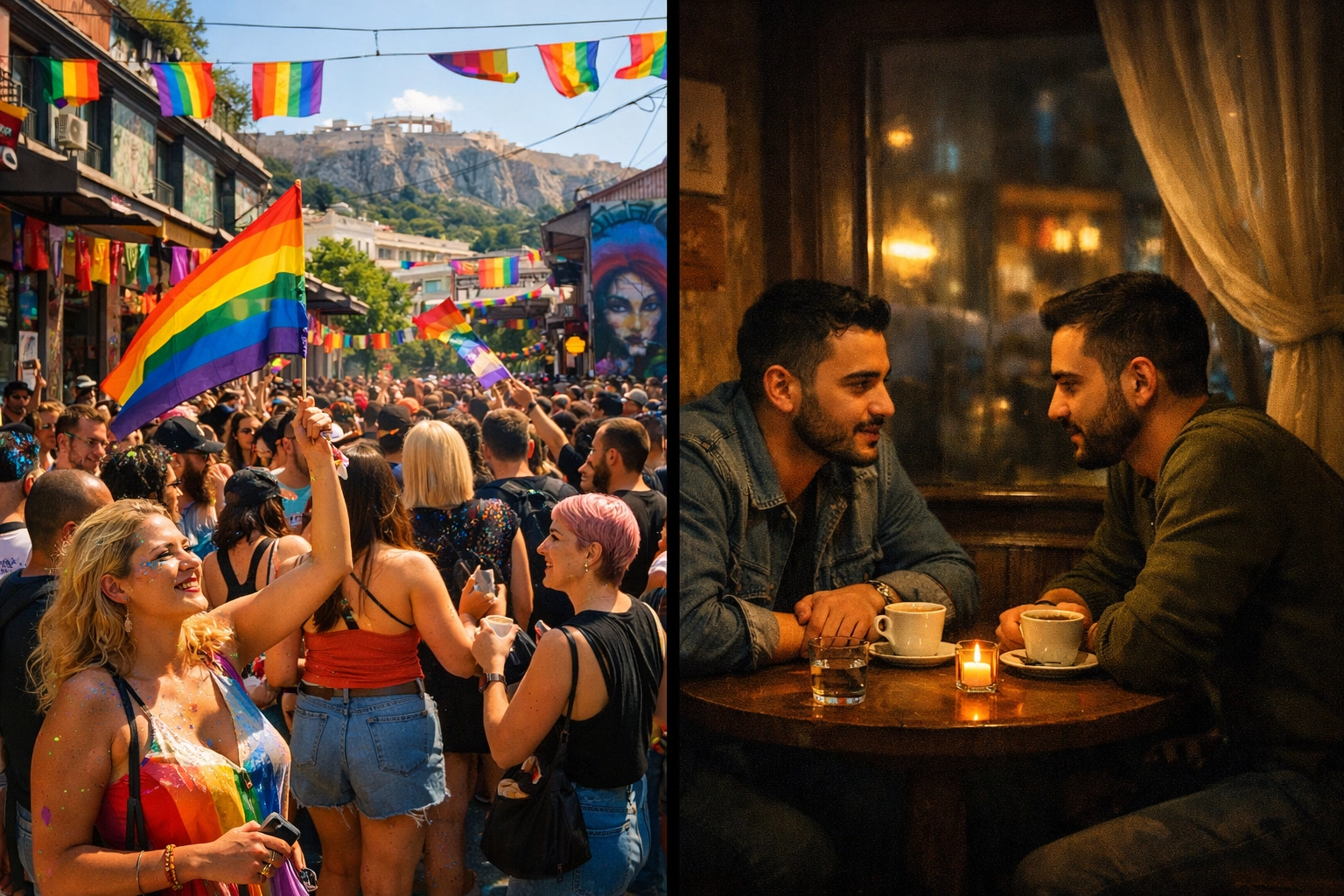 Athens Pride celebration versus intimate Tirana café scene showing LGBTQ+ life contrast