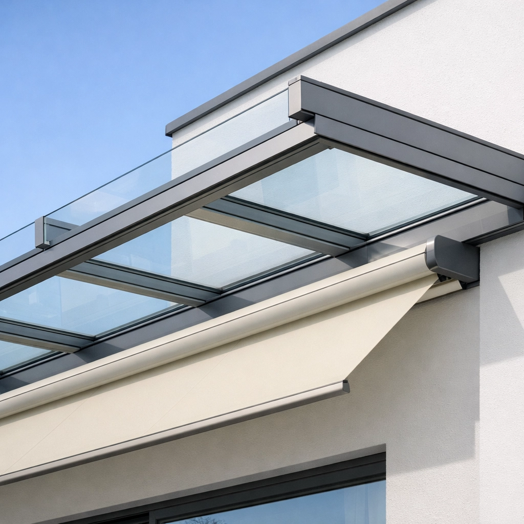 Transparente Terrassenüberdachung Wien mit Glasdach und Unterglasmarkise.