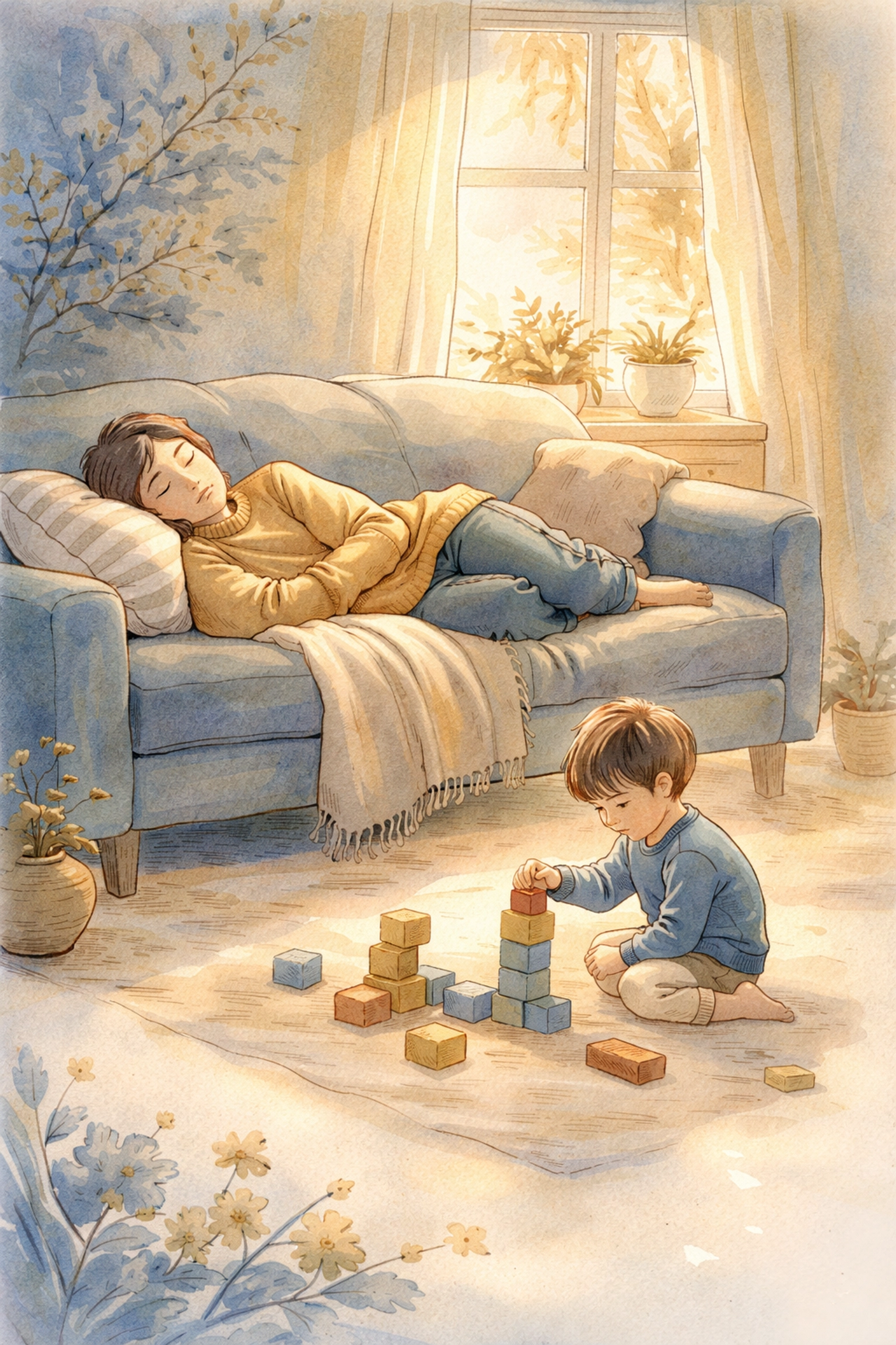 Watercolor illustration of a tired parent resting on a couch while a child plays with blocks nearby, symbolizing present and mindful parenting.