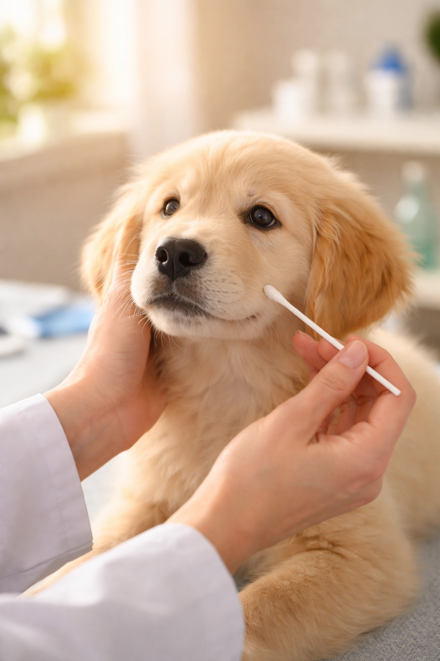 Veterinarian collecting a DNA sample from a Golden Retriever puppy at a veterinary clinic for health screening
