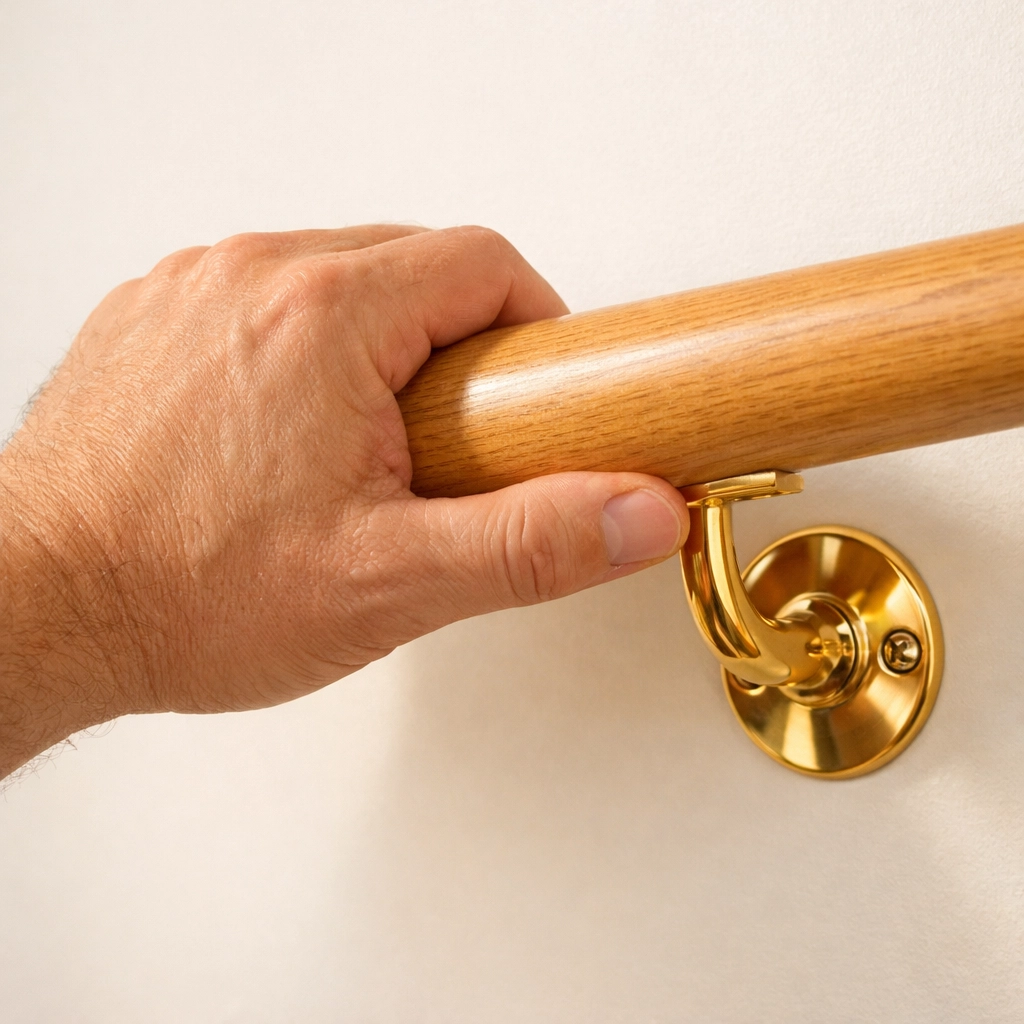 Testing a wooden handrail and bracket for sturdiness to ensure reliable support on stairs.