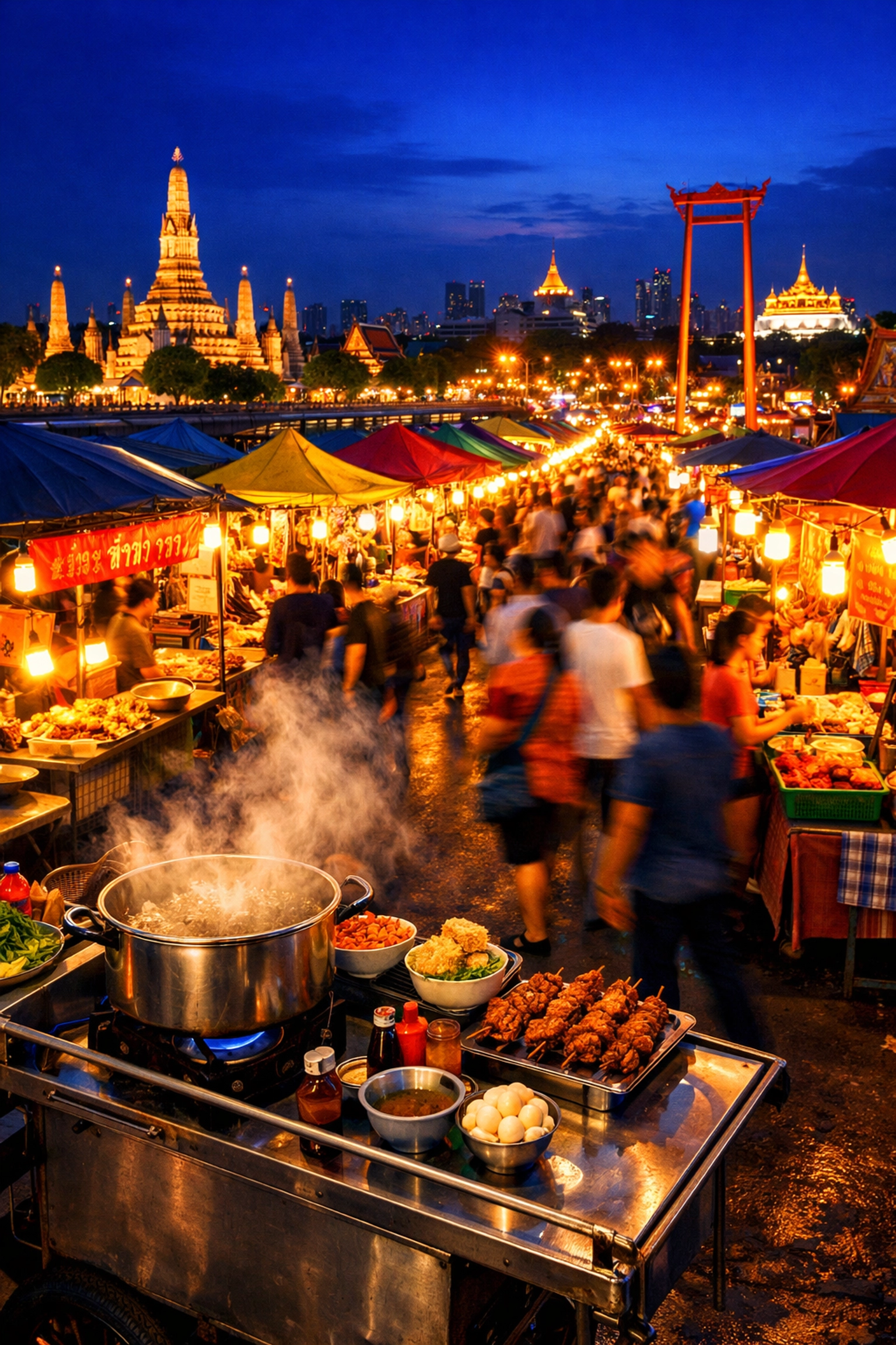 A bustling Bangkok night market at dusk with vibrant food stalls, a top destination for budget travel food.