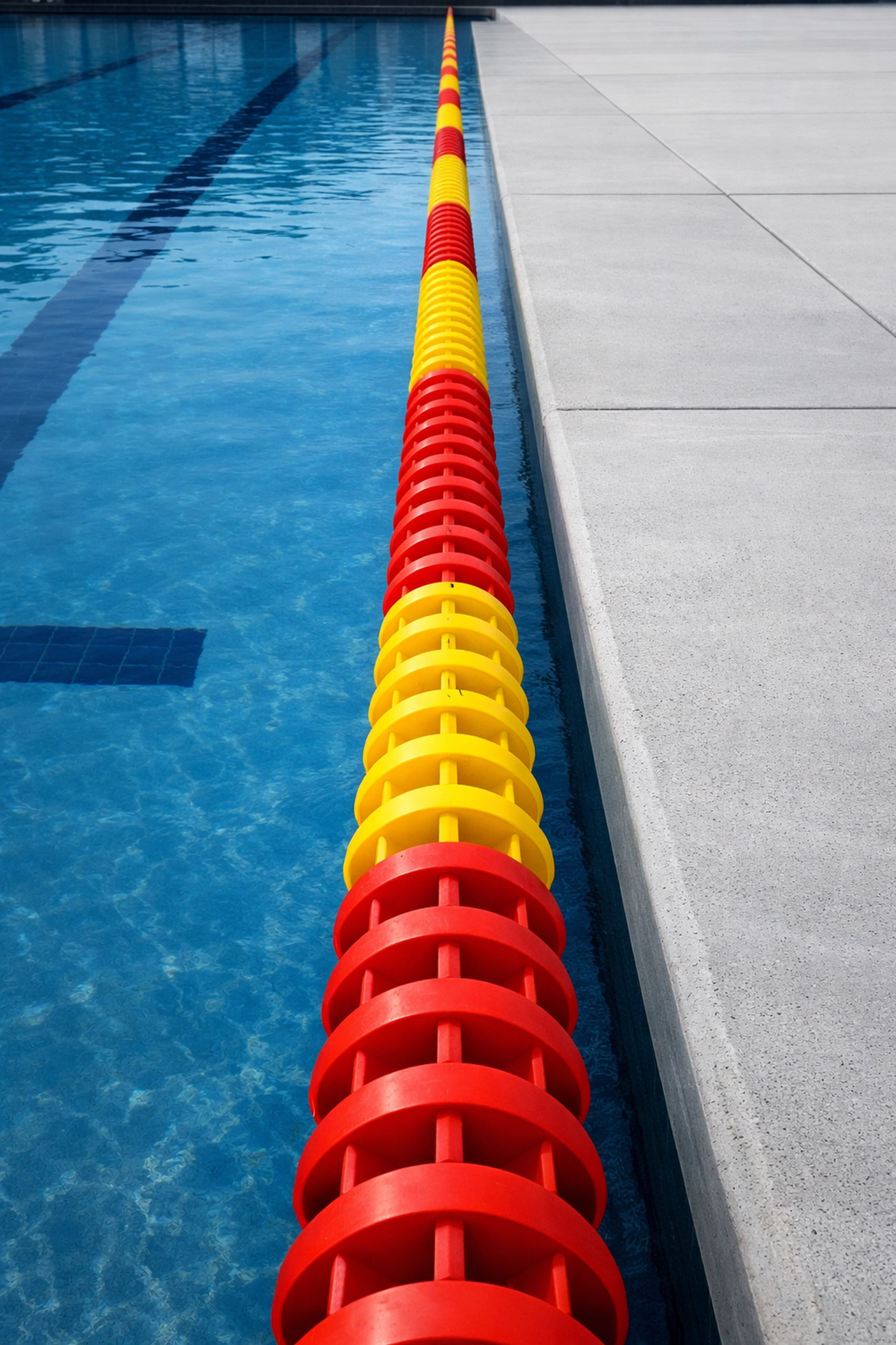 A clear view down a swimming lane with a colorful rope, depicting the focus and discipline of lap swimming.