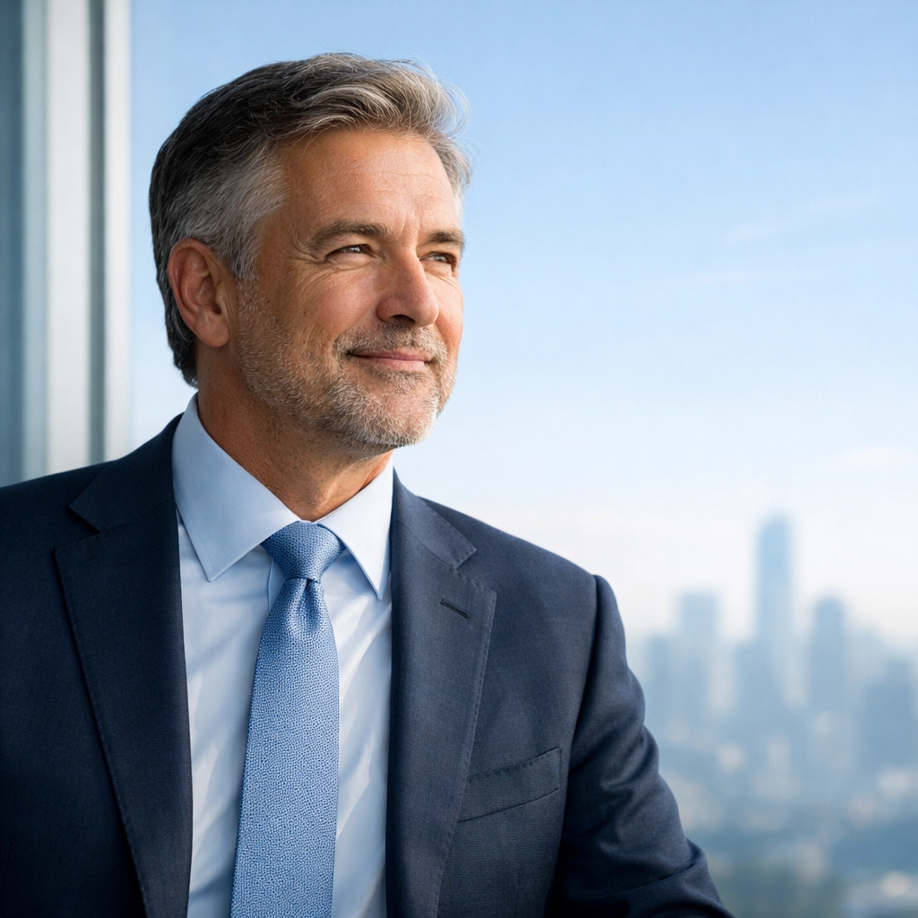 Confident executive in a bright office, illustrating leadership resilience and the power of growth beyond limits.