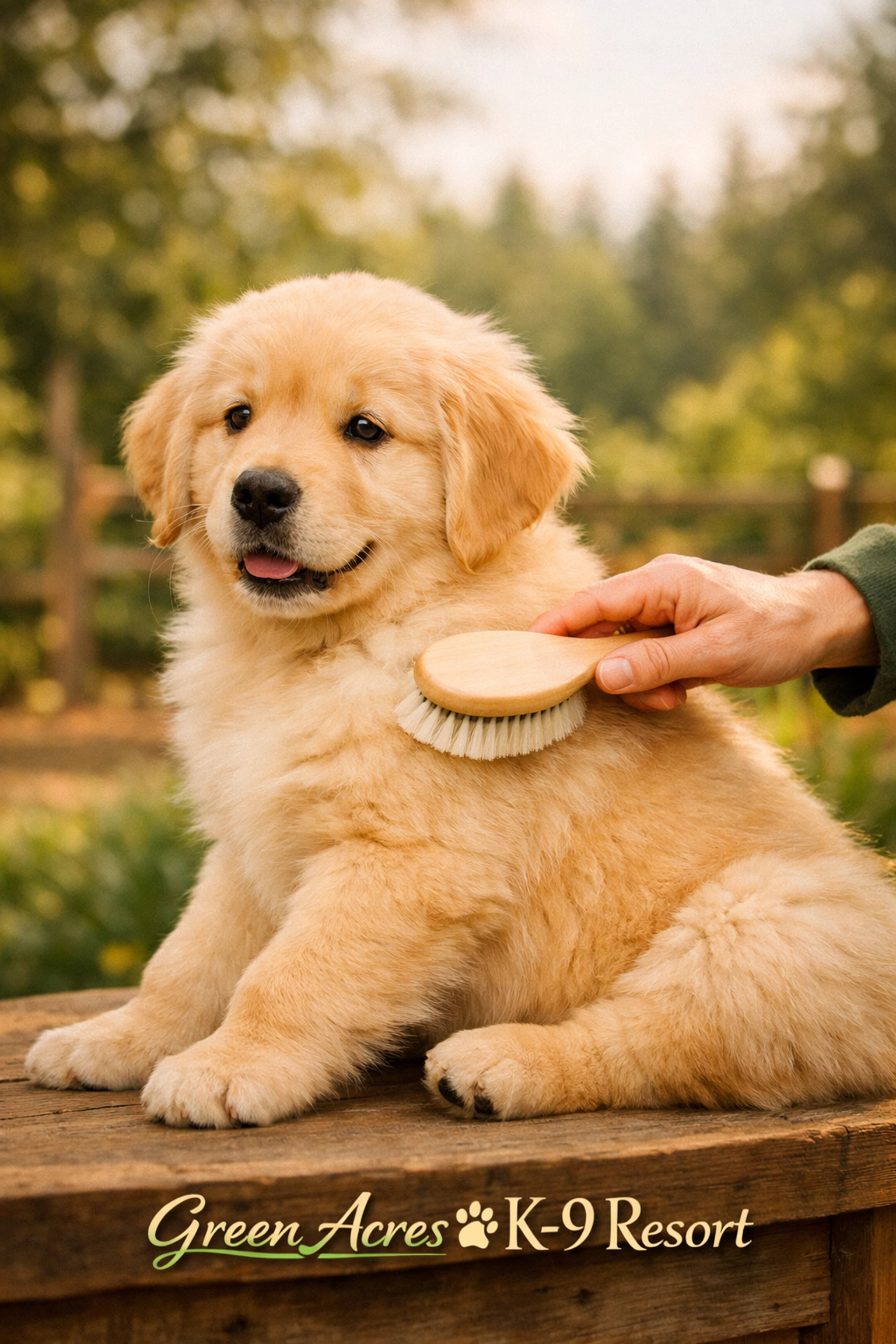 Low-stress grooming for a Golden Retriever puppy at Green Acres K-9 Resort, showing early socialization handling.
