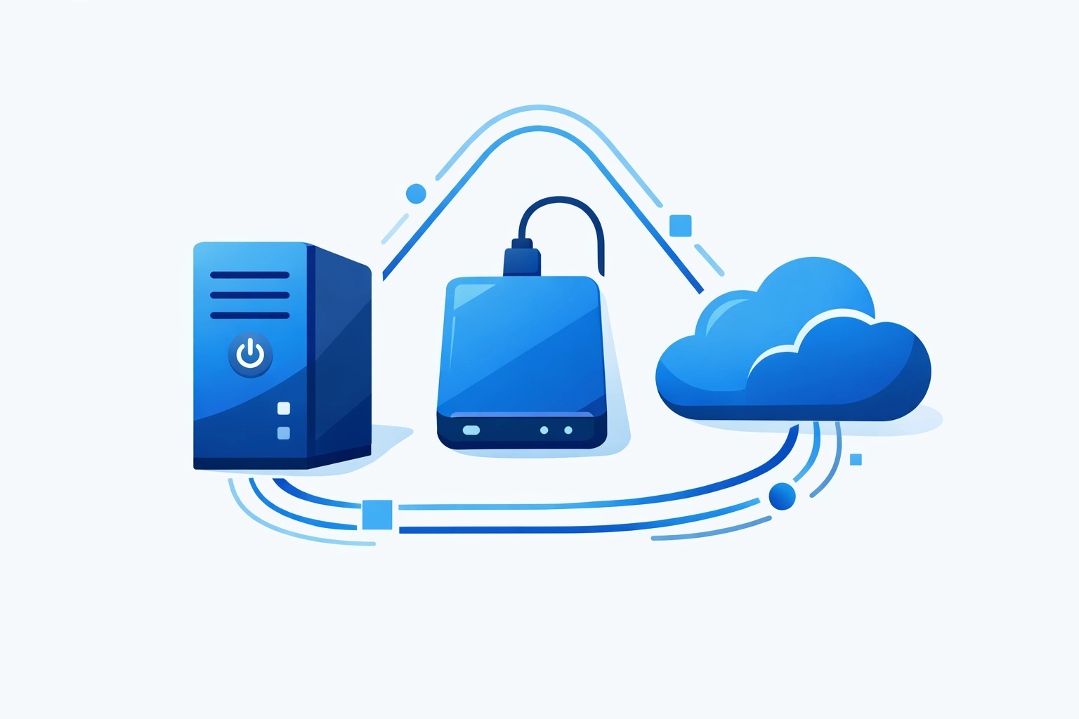 3-2-1 backup rule diagram showing server, hard drive, and cloud storage for data redundancy