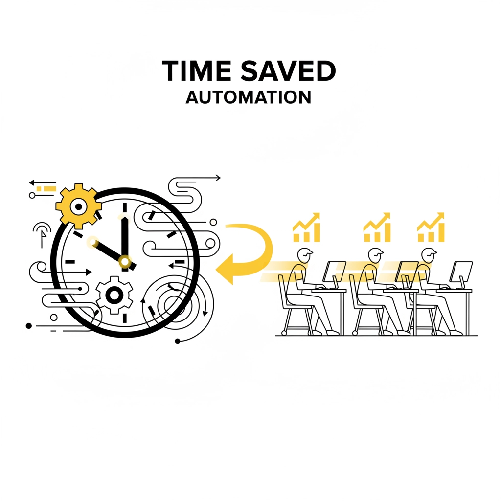Clock with gears, yellow arrows, and lines indicating automation leading to efficient office workers at desks. Text: Time Saved Automation.