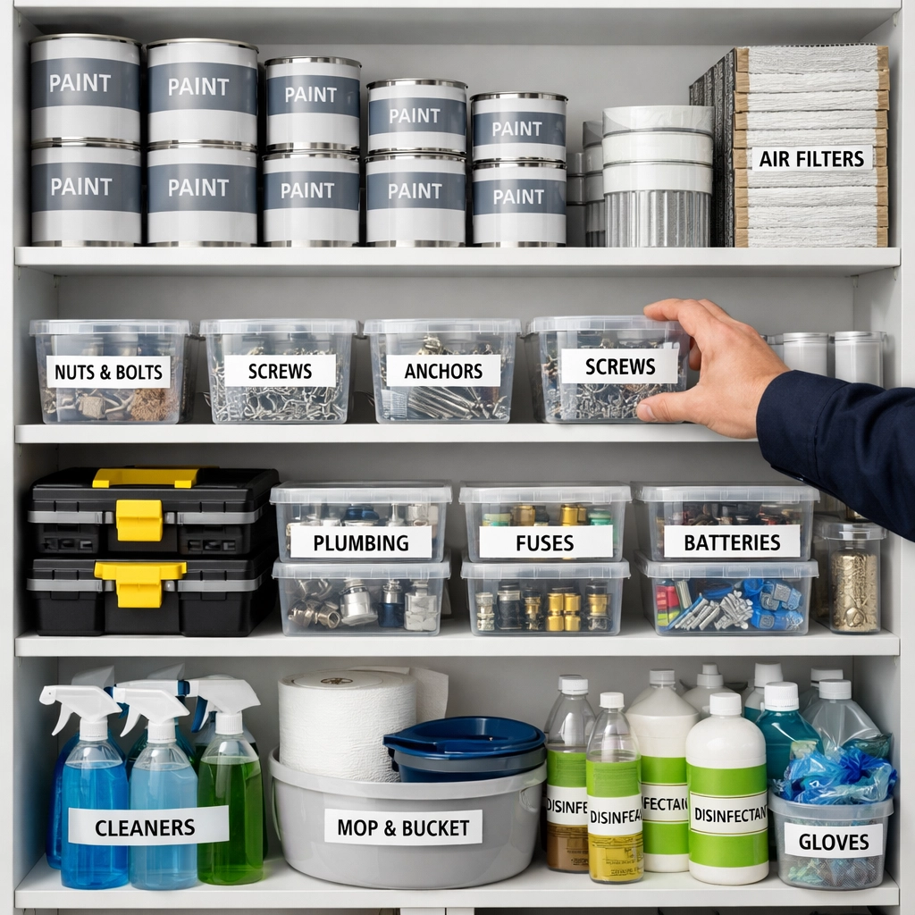 Organized maintenance supply closet stocked with paint, hardware, and turnover materials