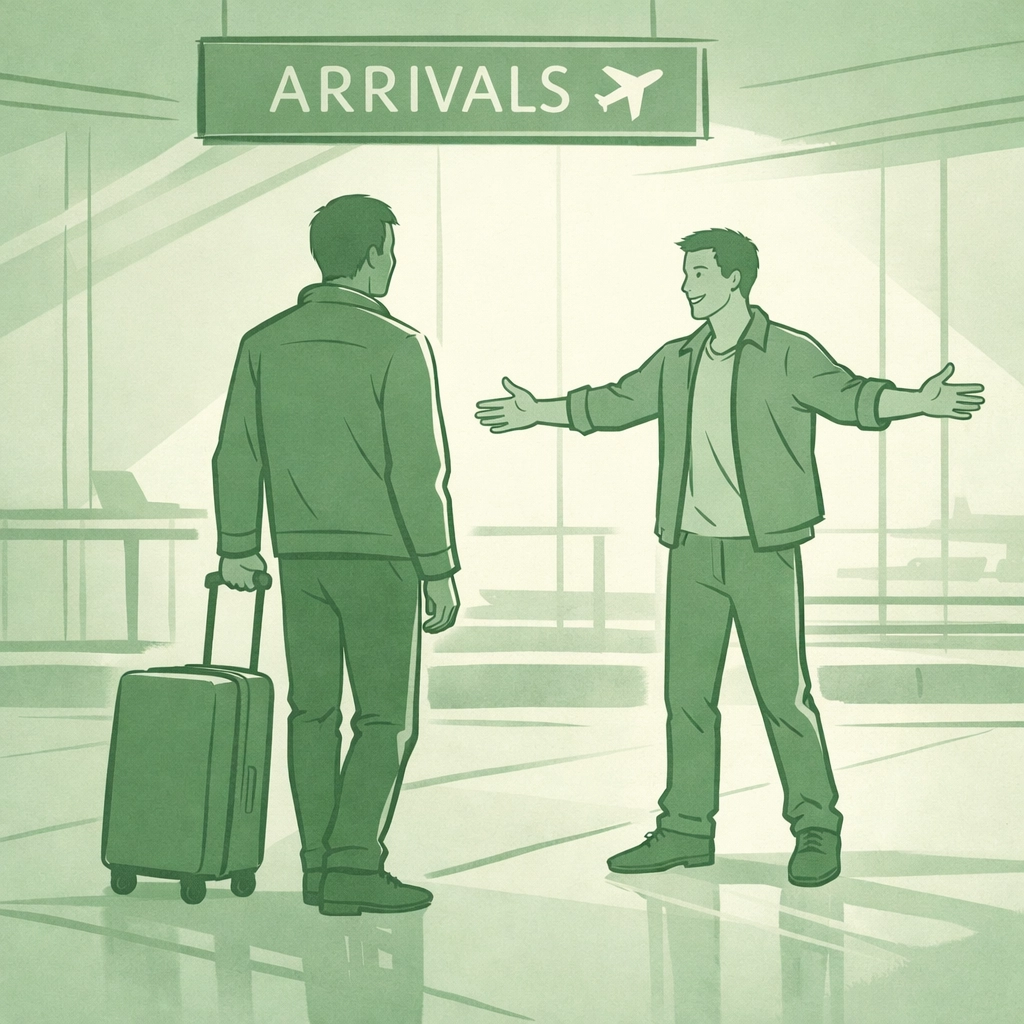 Ethiopian LGBTQ+ refugee arriving at Seattle airport seeking safety and asylum from persecution