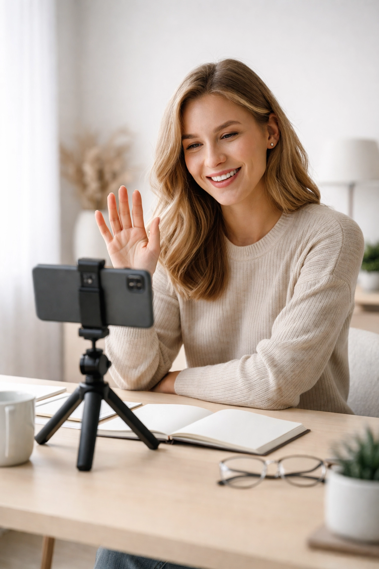 Person recording explainer video at a minimalist desk, illustrating digital marketing content trends
