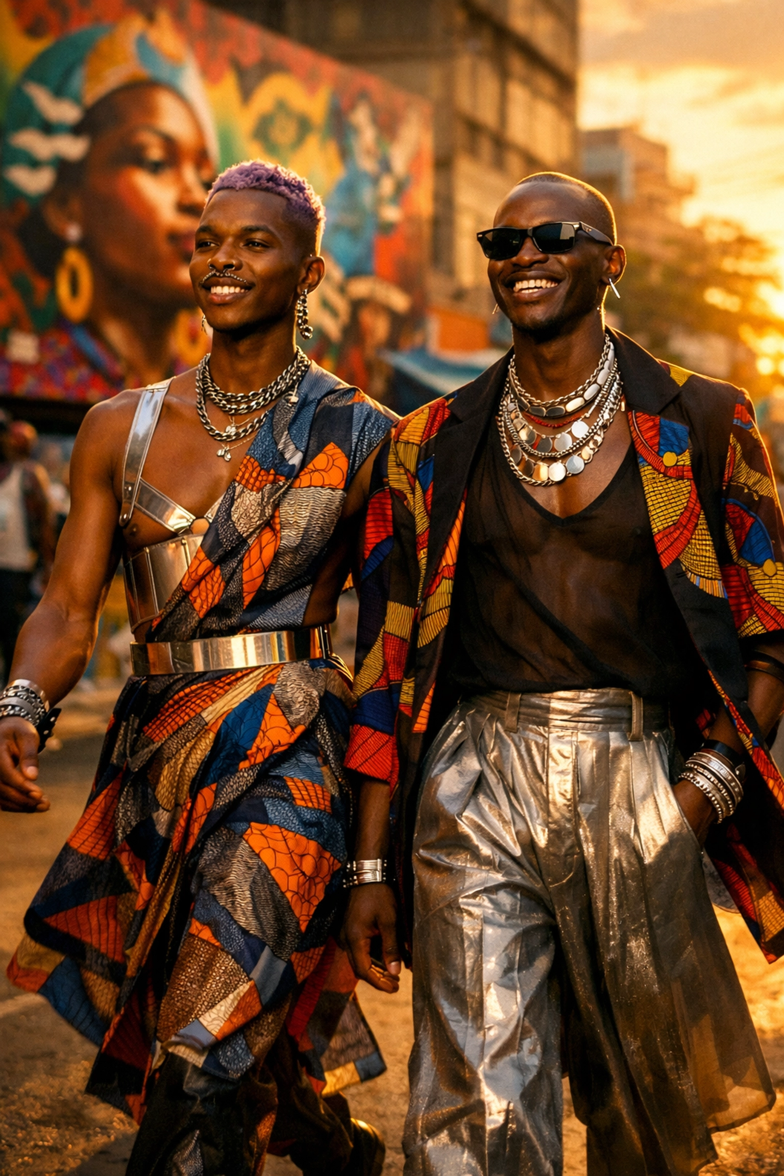 Stylish gay African men walking in Nairobi wearing bold, gender-fluid queer fashion.