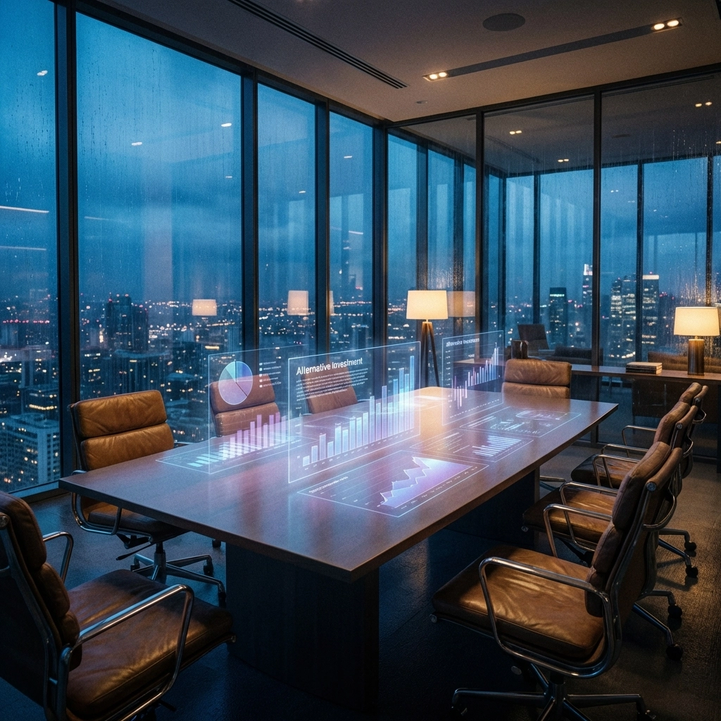 Modern boardroom with glowing investment charts highlights alternative investment decision-making.