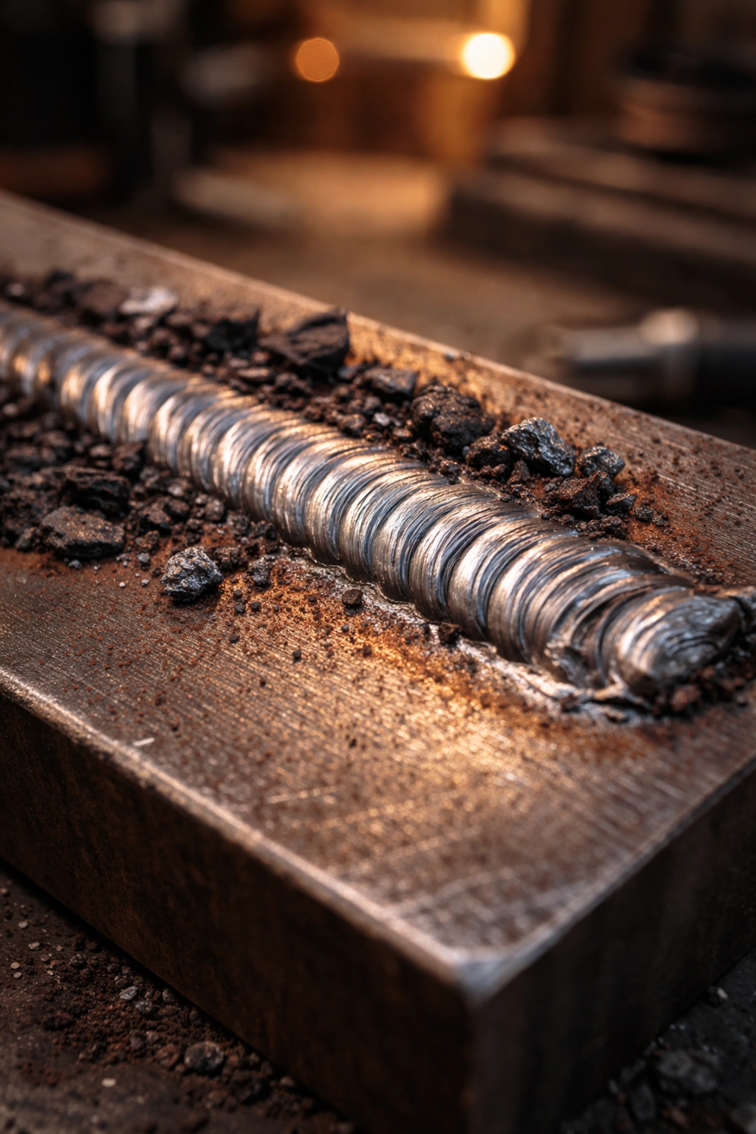 Fresh MMA weld bead on thick steel plate, partially cleaned of slag, demonstrating quality weld result.