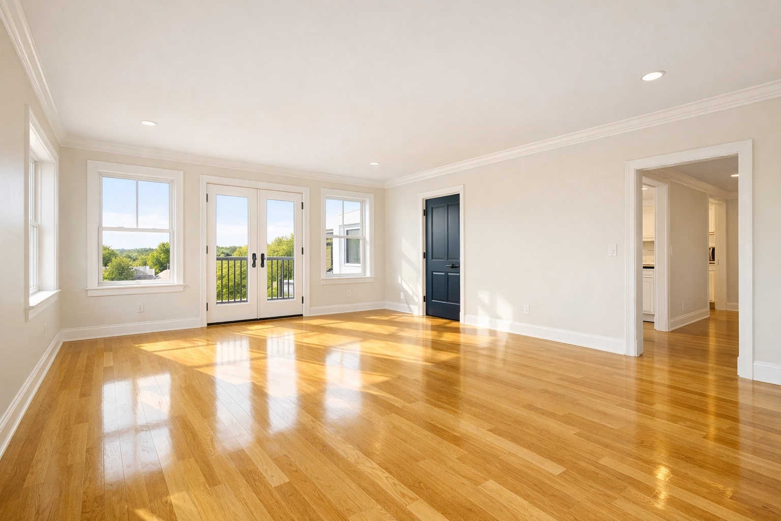 Clean, sunlit empty apartment living room in Acton, MA, prepared for a security deposit walkthrough.