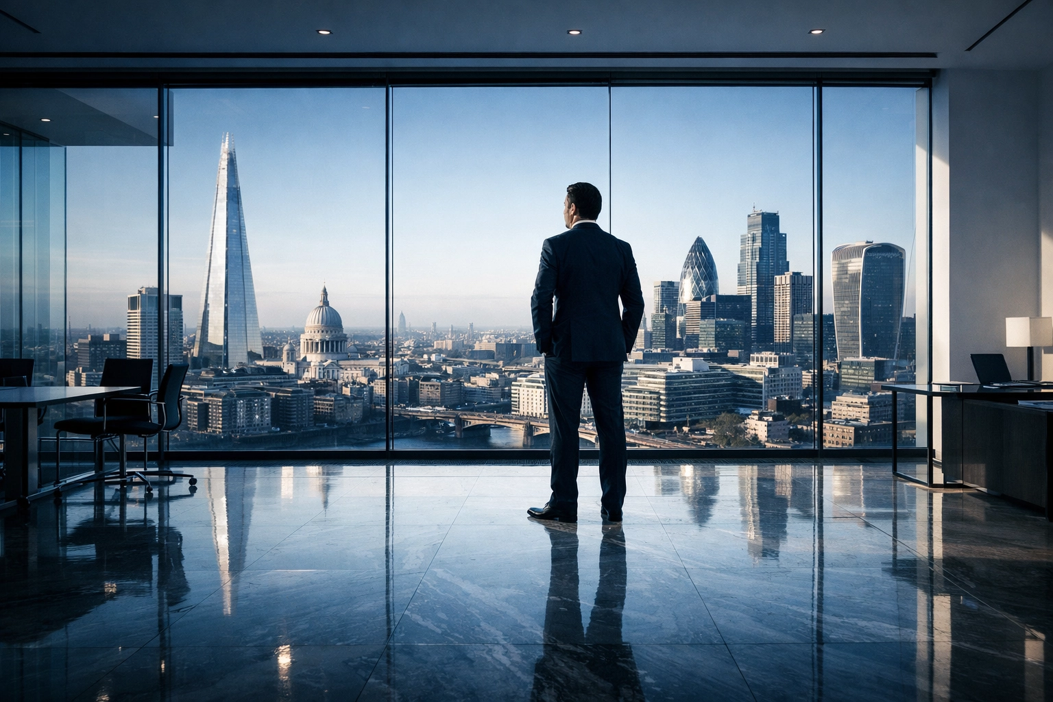 A confident sales manager overlooking London, symbolizing high-performance leadership and business ROI growth.