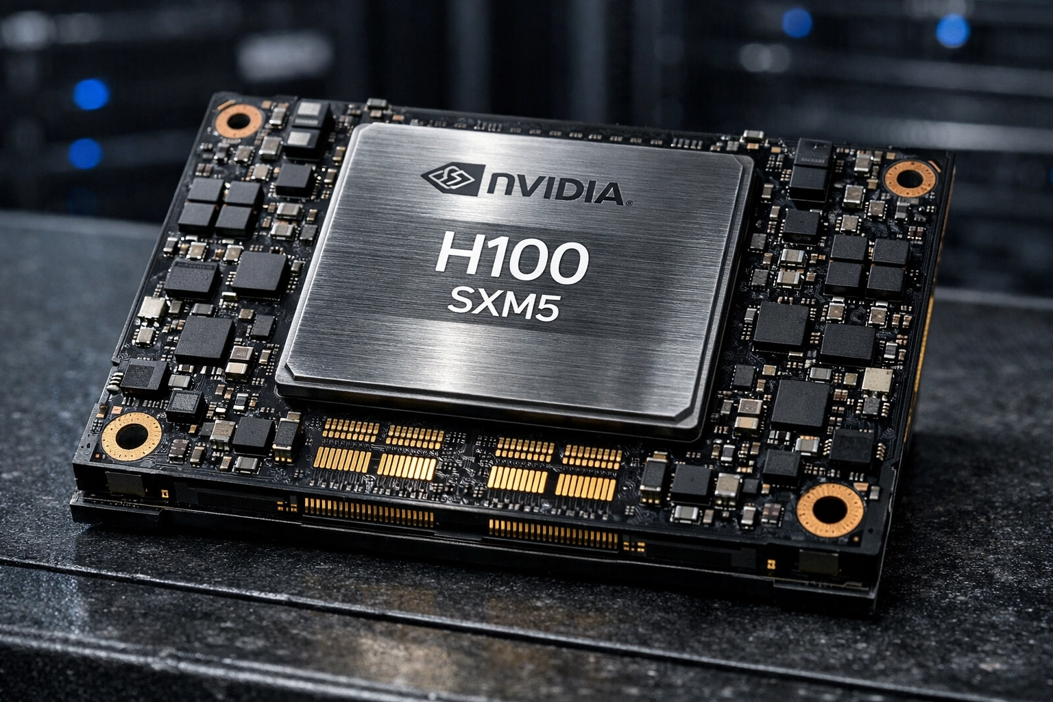 Close-up of an NVIDIA H100 SXM5 GPU module on a workbench for technical asset valuation.