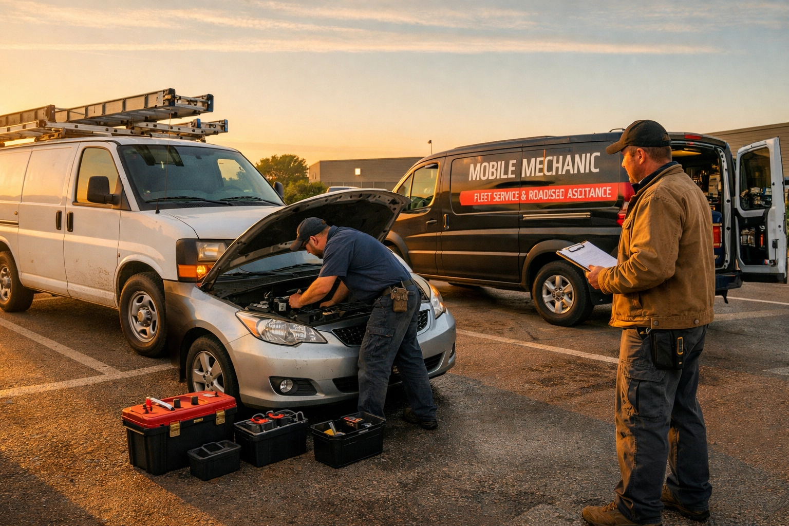 Mobile mechanic servicing commercial fleet vehicle at work site in Green Bay