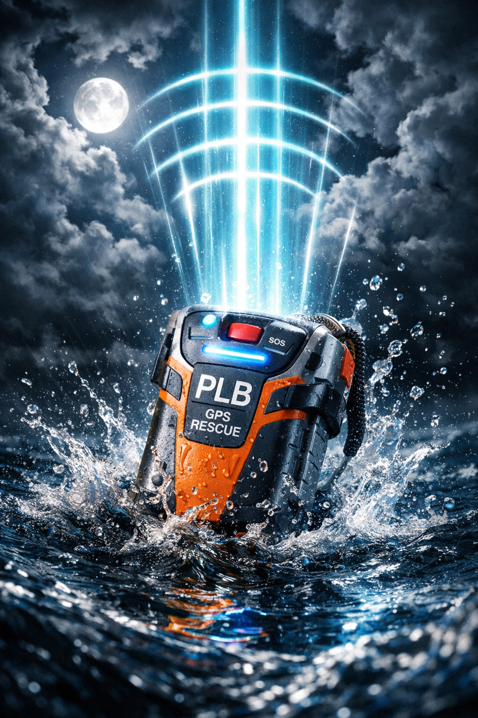 Personal locator beacon transmitting satellite distress signal in ocean water