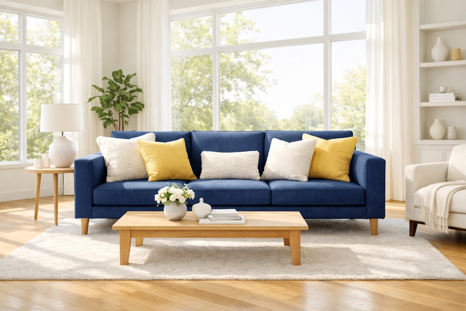 Modern living room with a clean sofa illustrating natural upholstery deodorizing tips.
