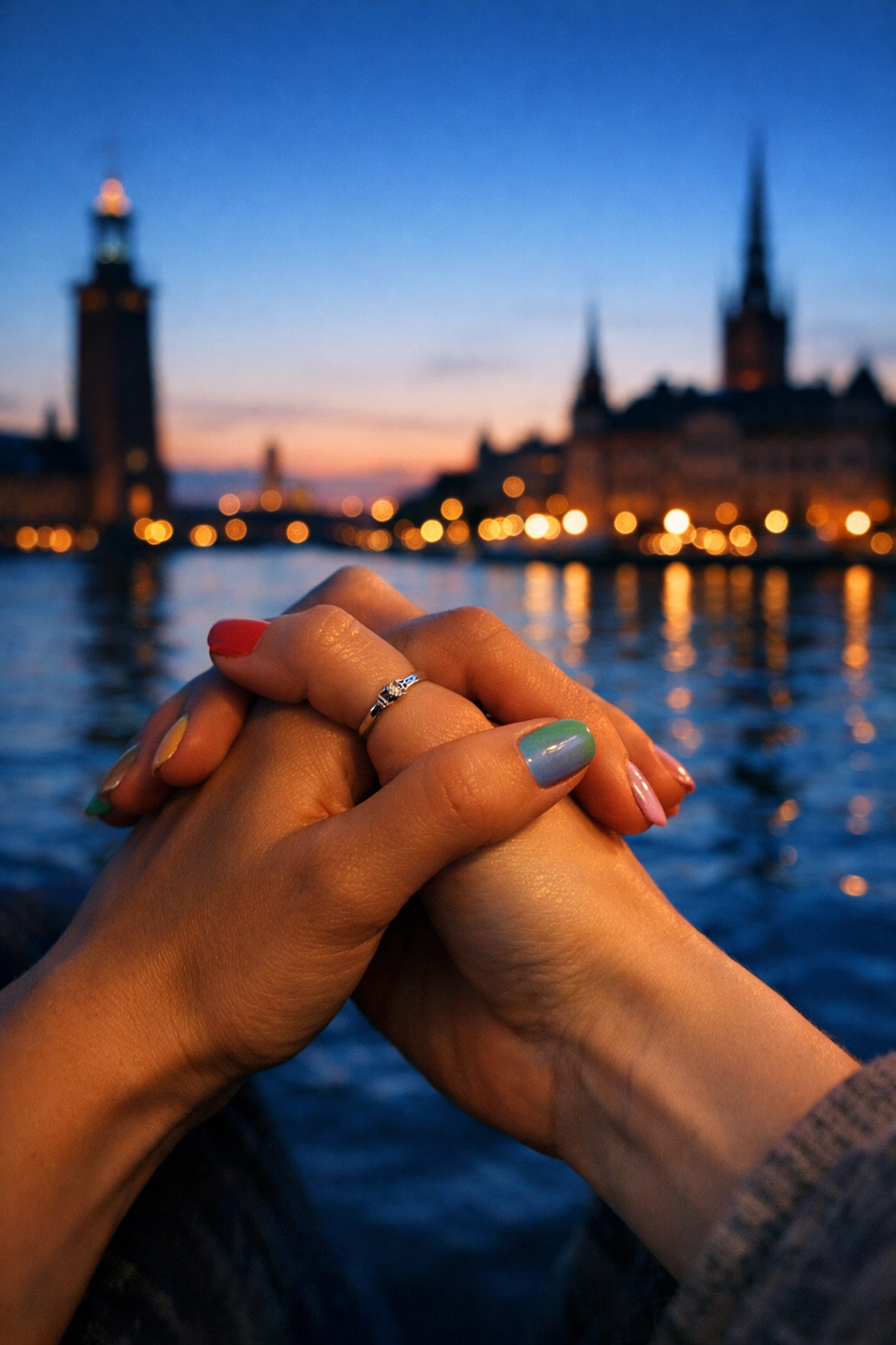 A close-up of a lesbian couple holding hands against the Stockholm waterfront at sunset during Pride.