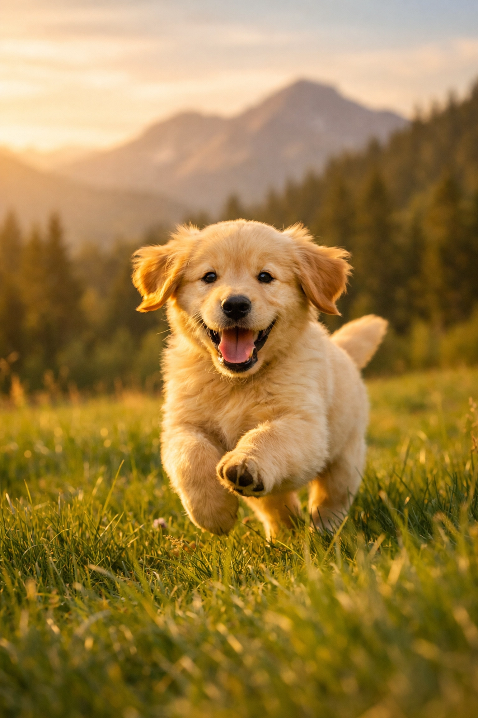 Happy Golden Retriever puppy running outdoors in Oregon landscape showing vitality