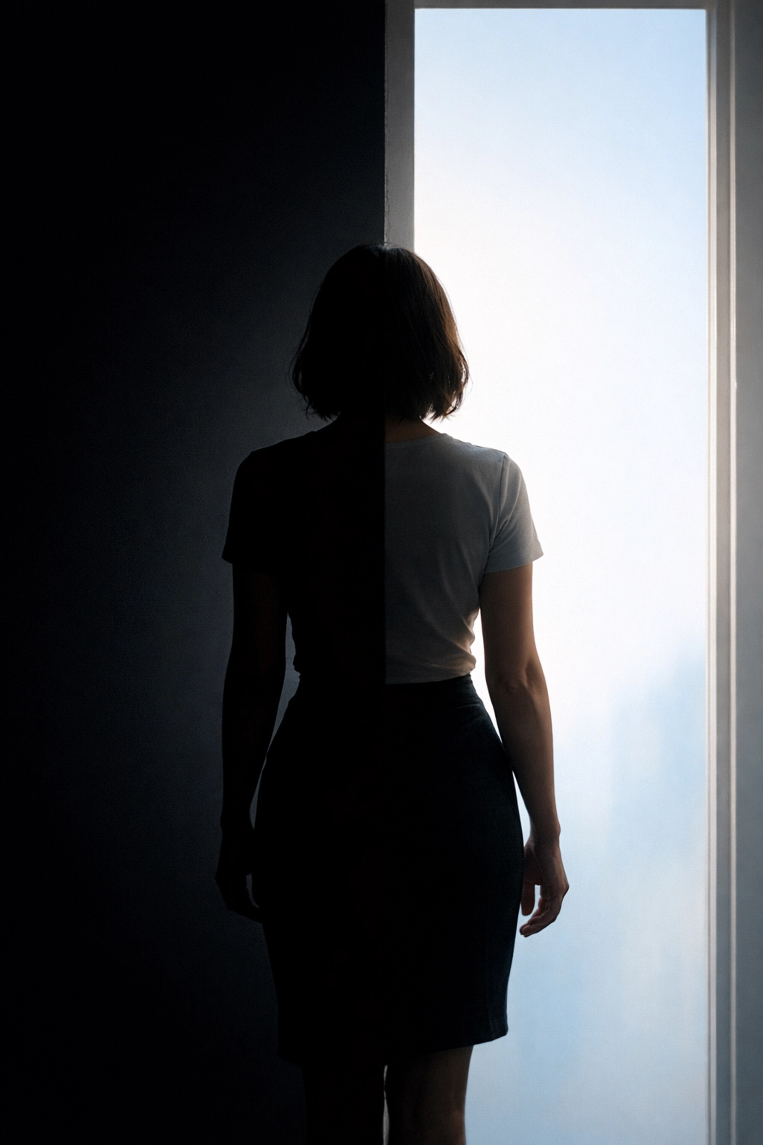 Woman in doorway stepping from shadow to light representing brave space journey