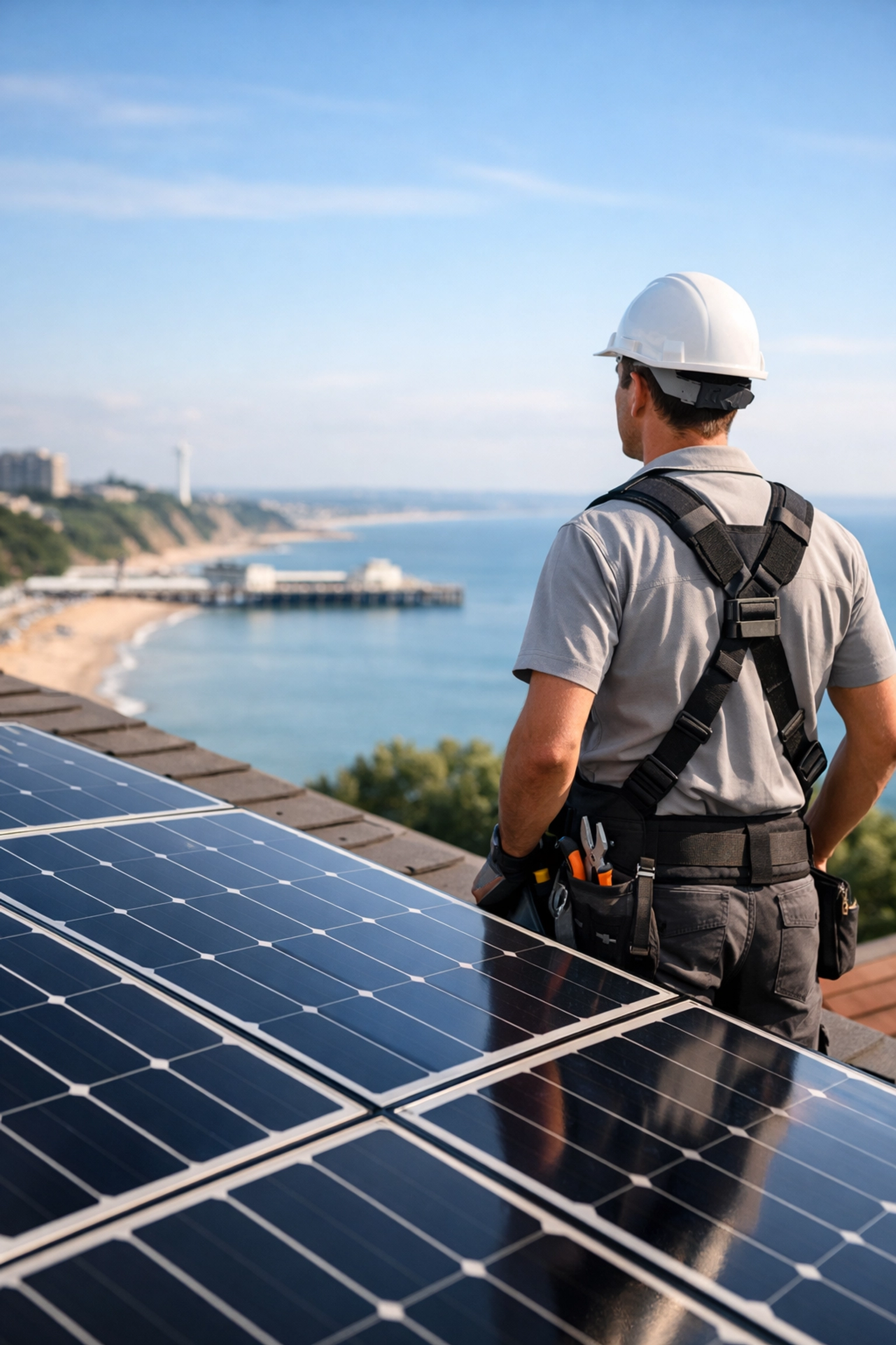 Professional solar panel technician overlooking the Bournemouth coastline during a residential installation.