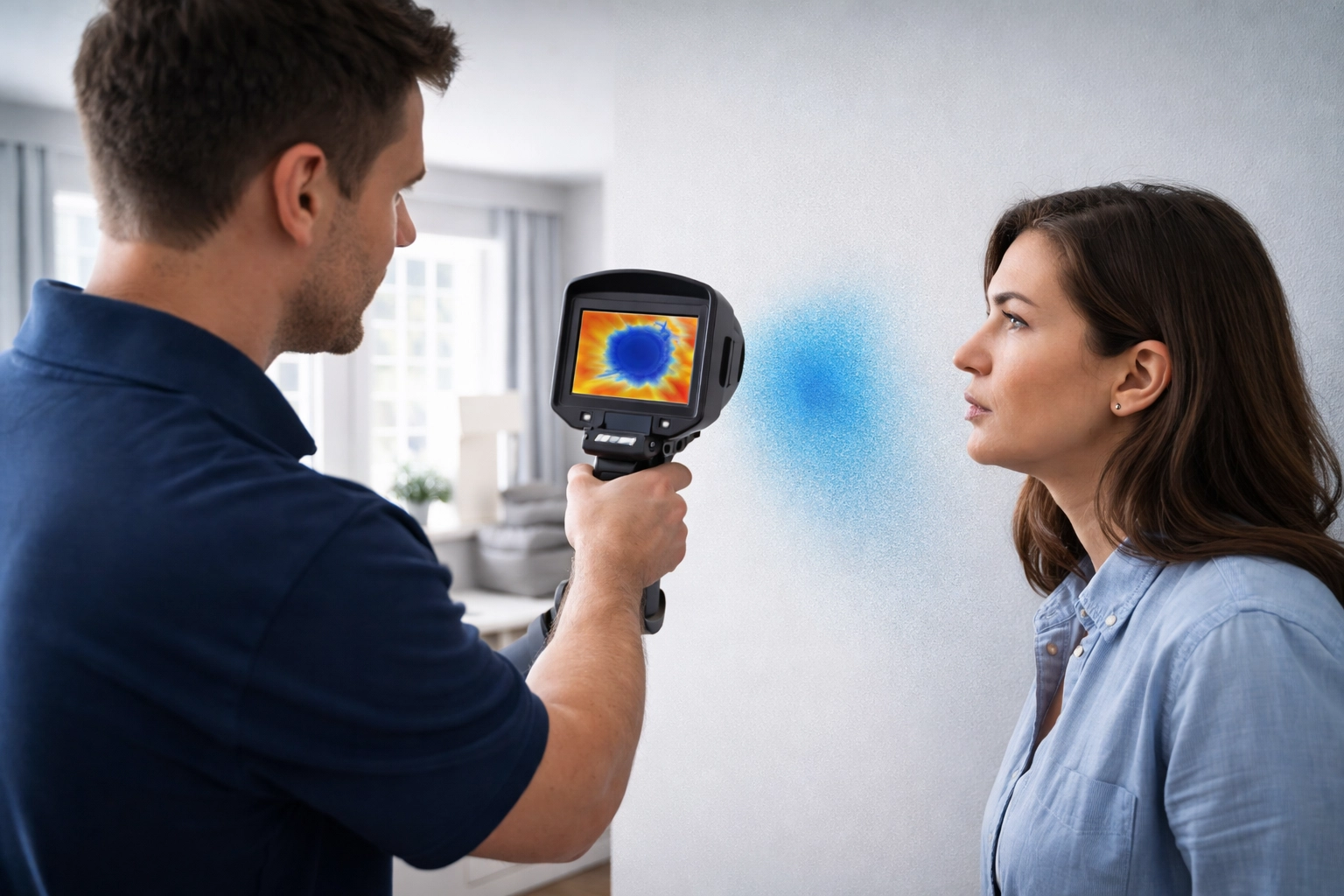 A mold inspector uses a thermal imaging camera to reveal hidden moisture in a home's wall, demonstrating comprehensive mold inspection.