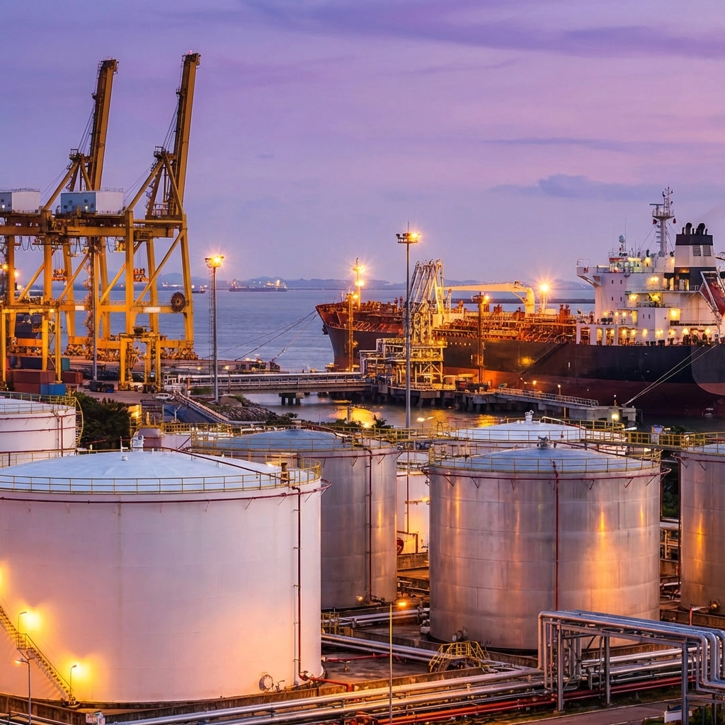 Industrial port terminal at dusk with fuel storage tanks and cargo cranes, representing procurement logistics for energy shipping.