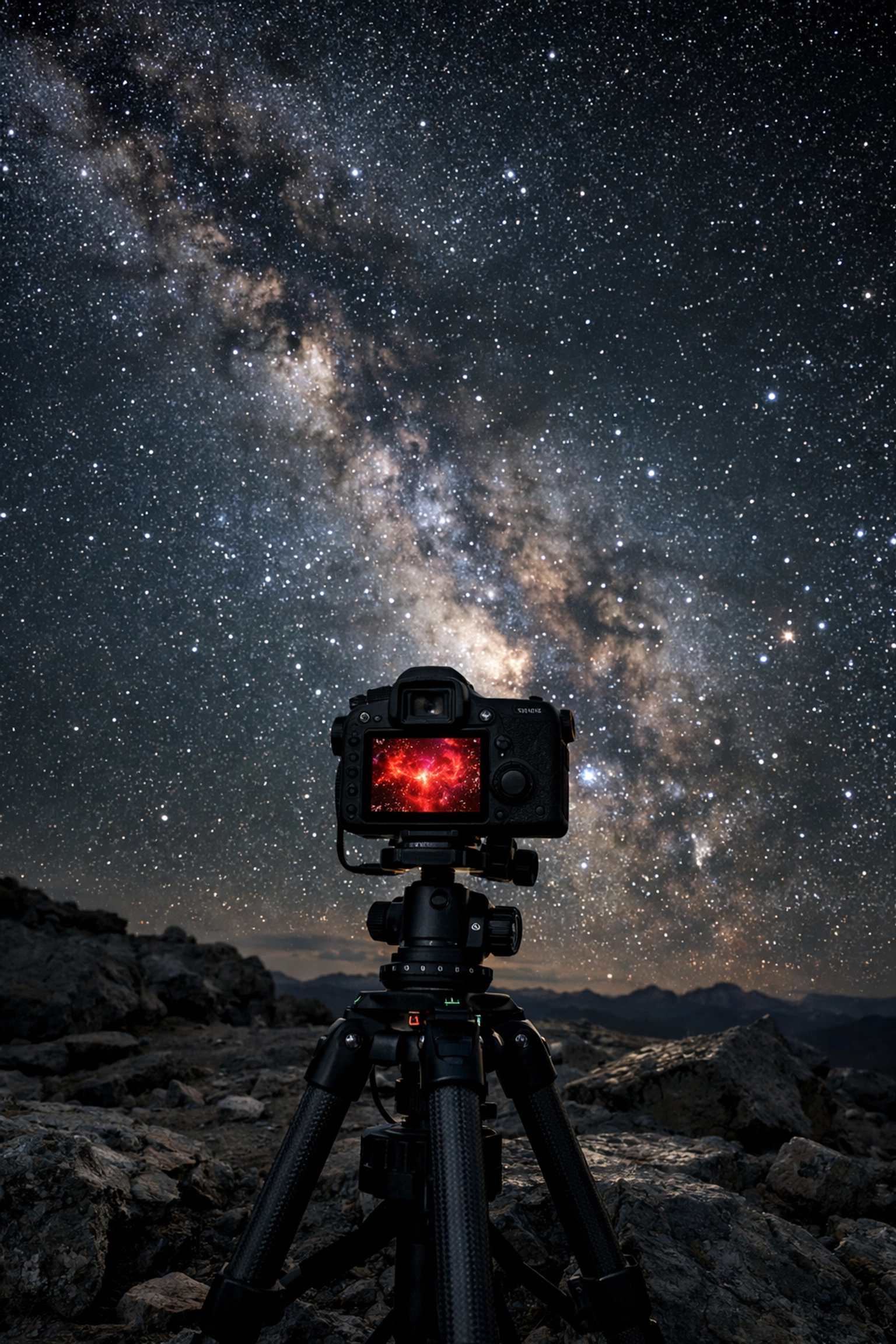Astrophotography camera gear on a tripod positioned under a clear night sky to capture the Milky Way and stars.
