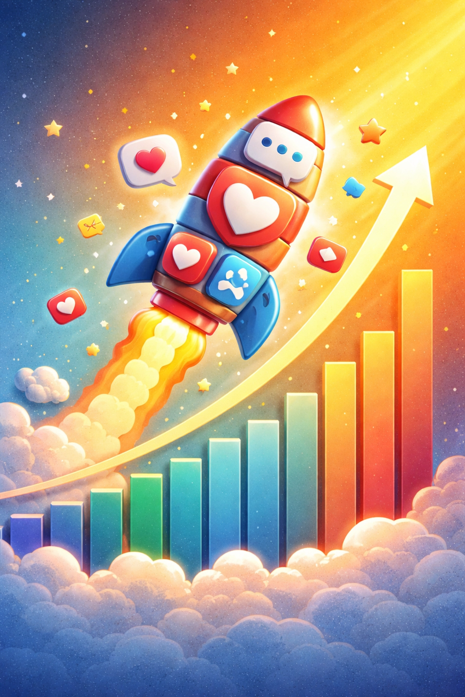 Rocket made of social media icons soaring on a growth chart, representing exponential business engagement.